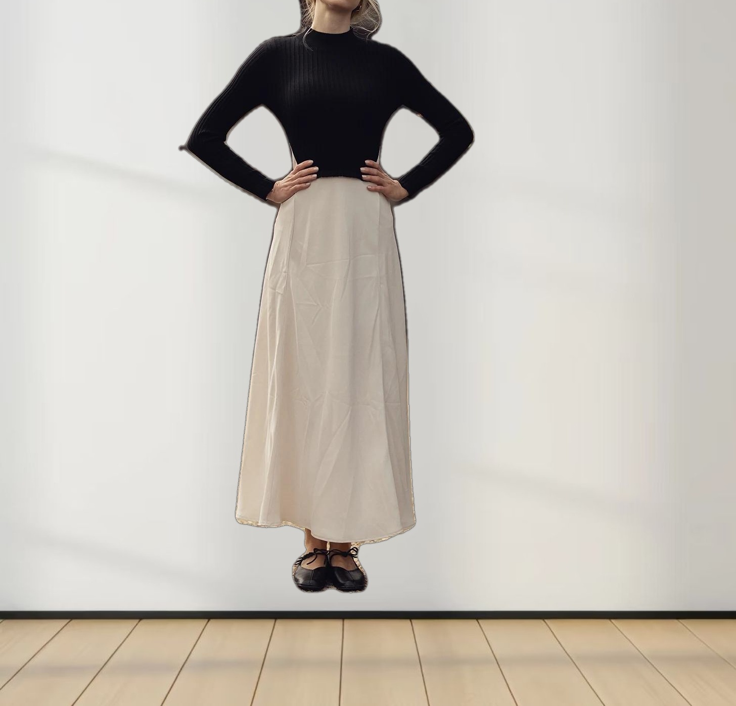 Crepe Bottom Dress-Black/Cream