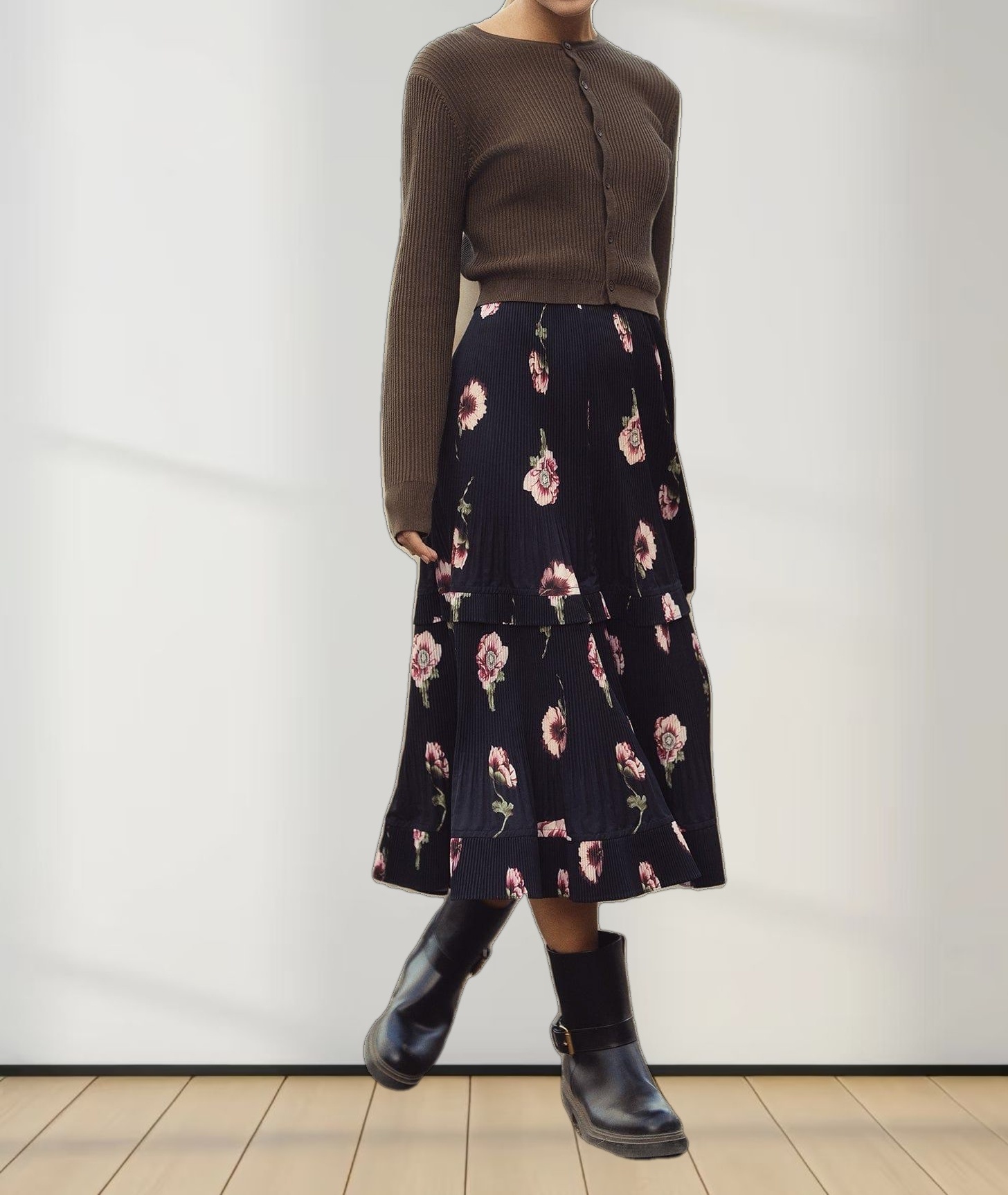 Micro Pleat Tier Skirt - Pink Floral