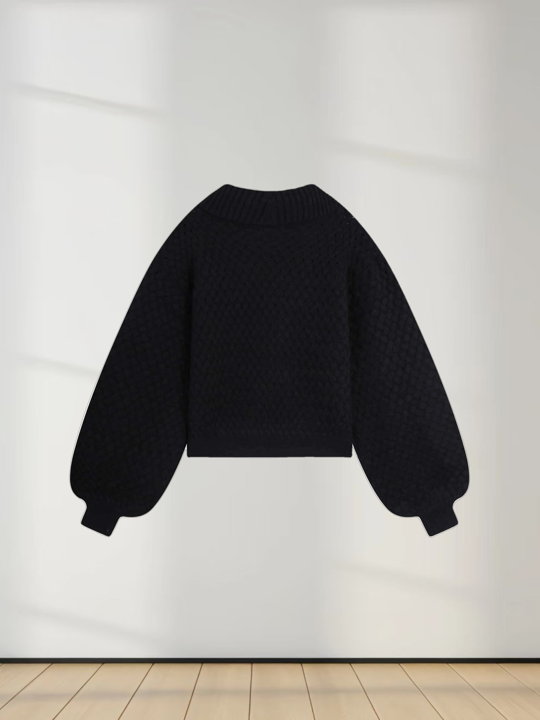Basketweave Turtleneck Sweater-Black
