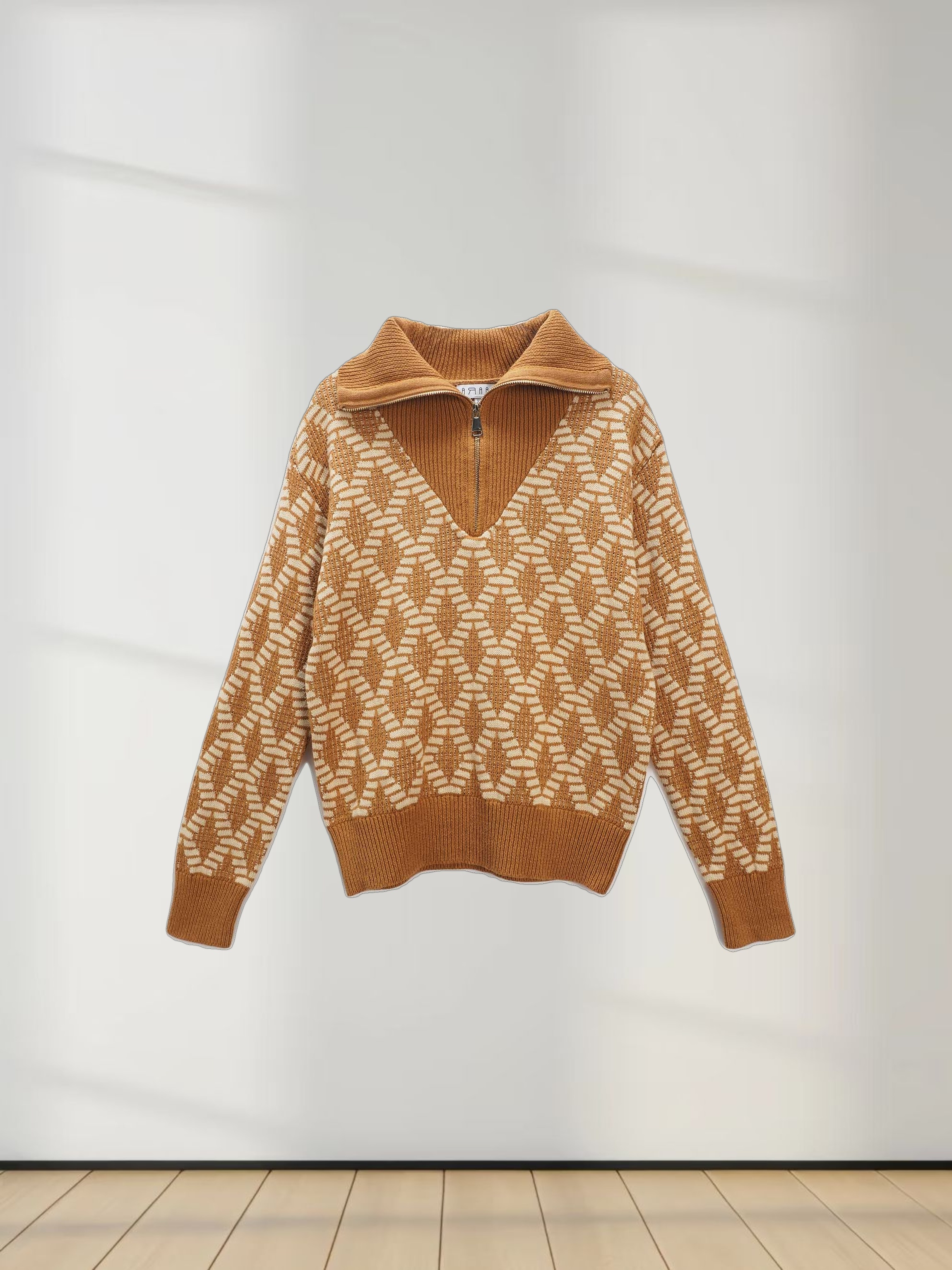 Half Zip Shawl Collar Sweater-Diamond Design