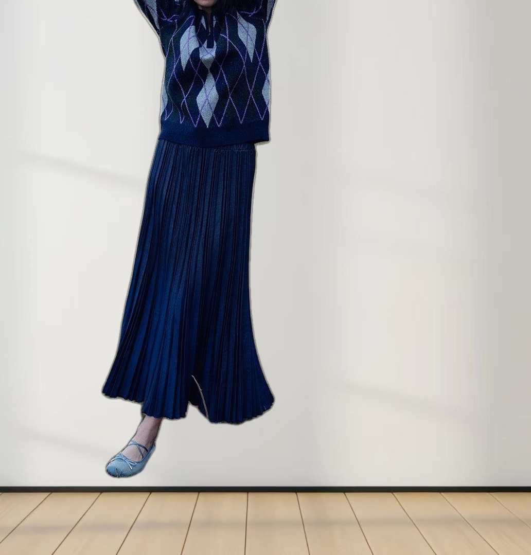 Wool Blend Pleated Skirt-Navy