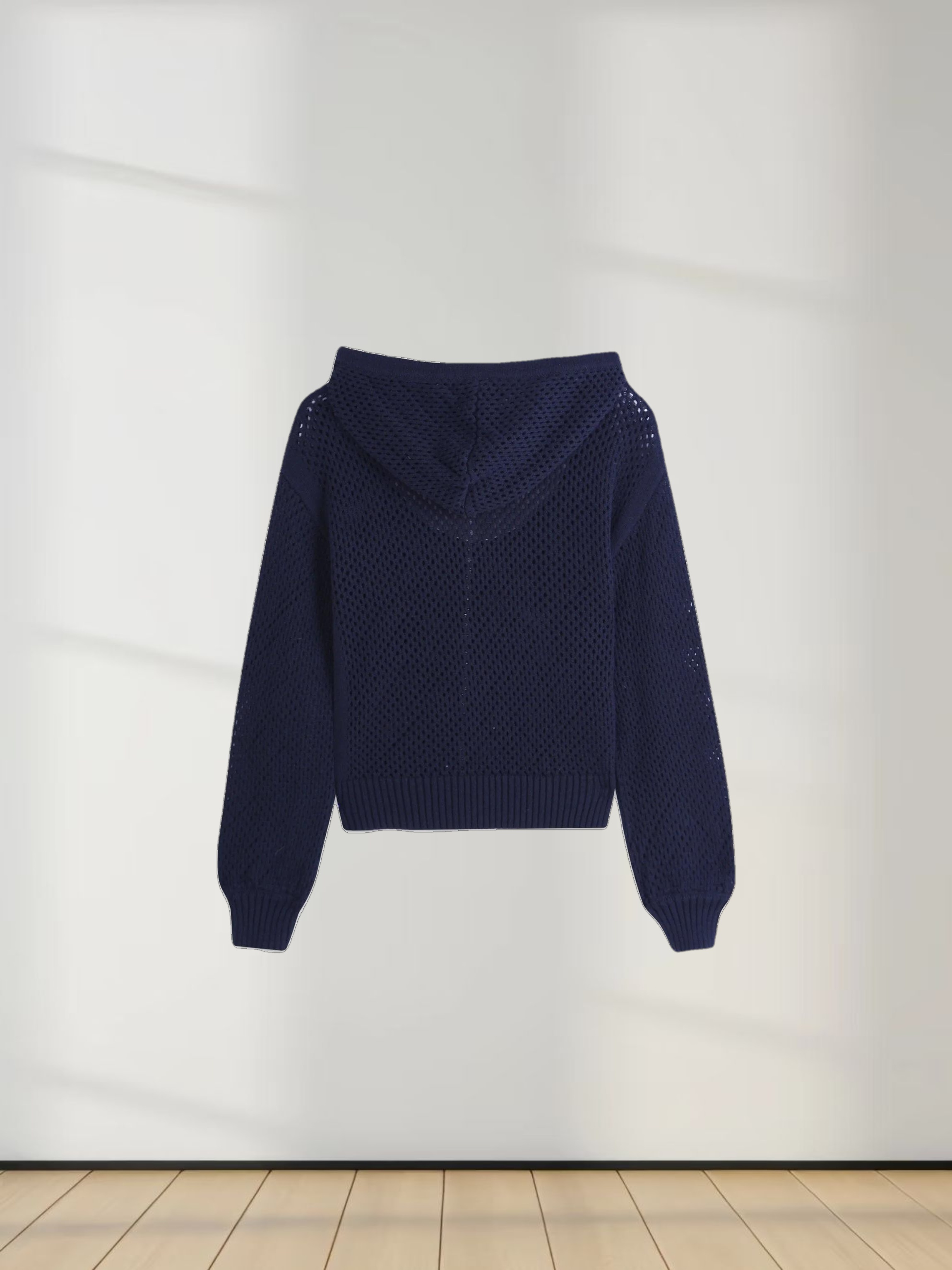 Zip Up Crochet Hoodie-Navy