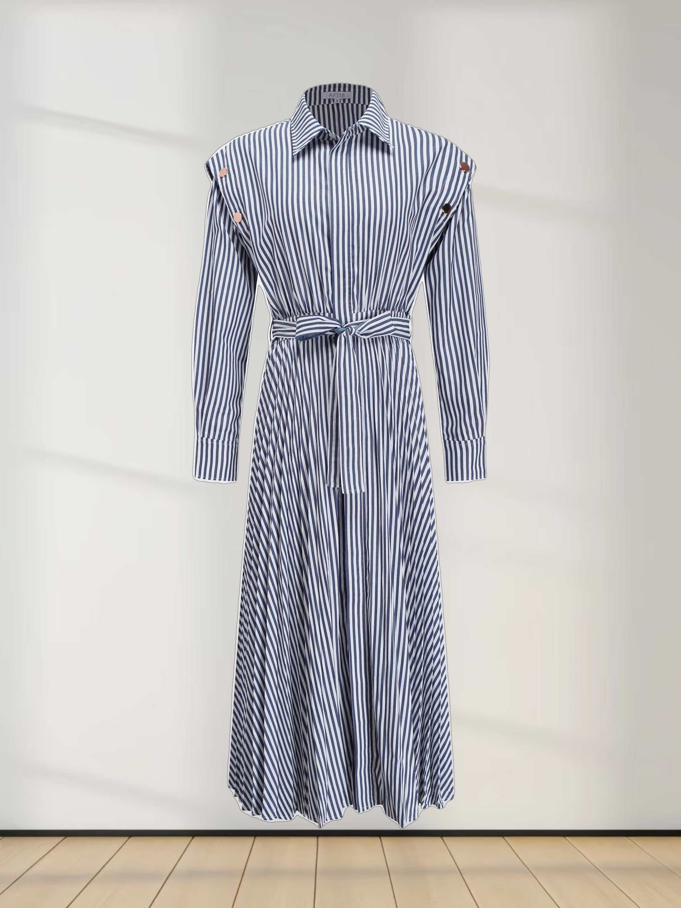 Pleat Bottom Waisted Shirtdress-Navy Pinstripe