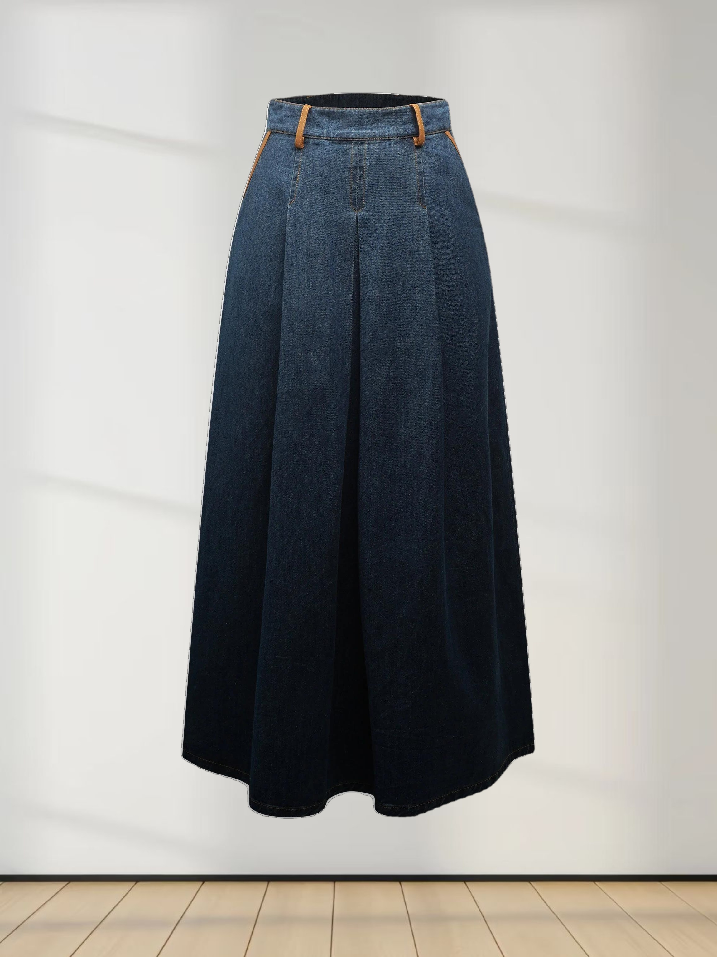 Leather Trim Denim Skirt-Blue