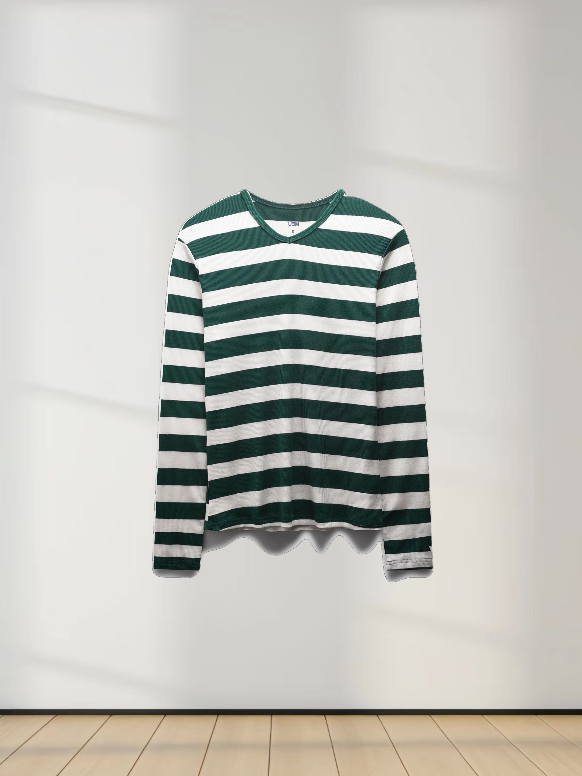 Ribbed Striped High V Tee Long Sleeve-Green/Ivory