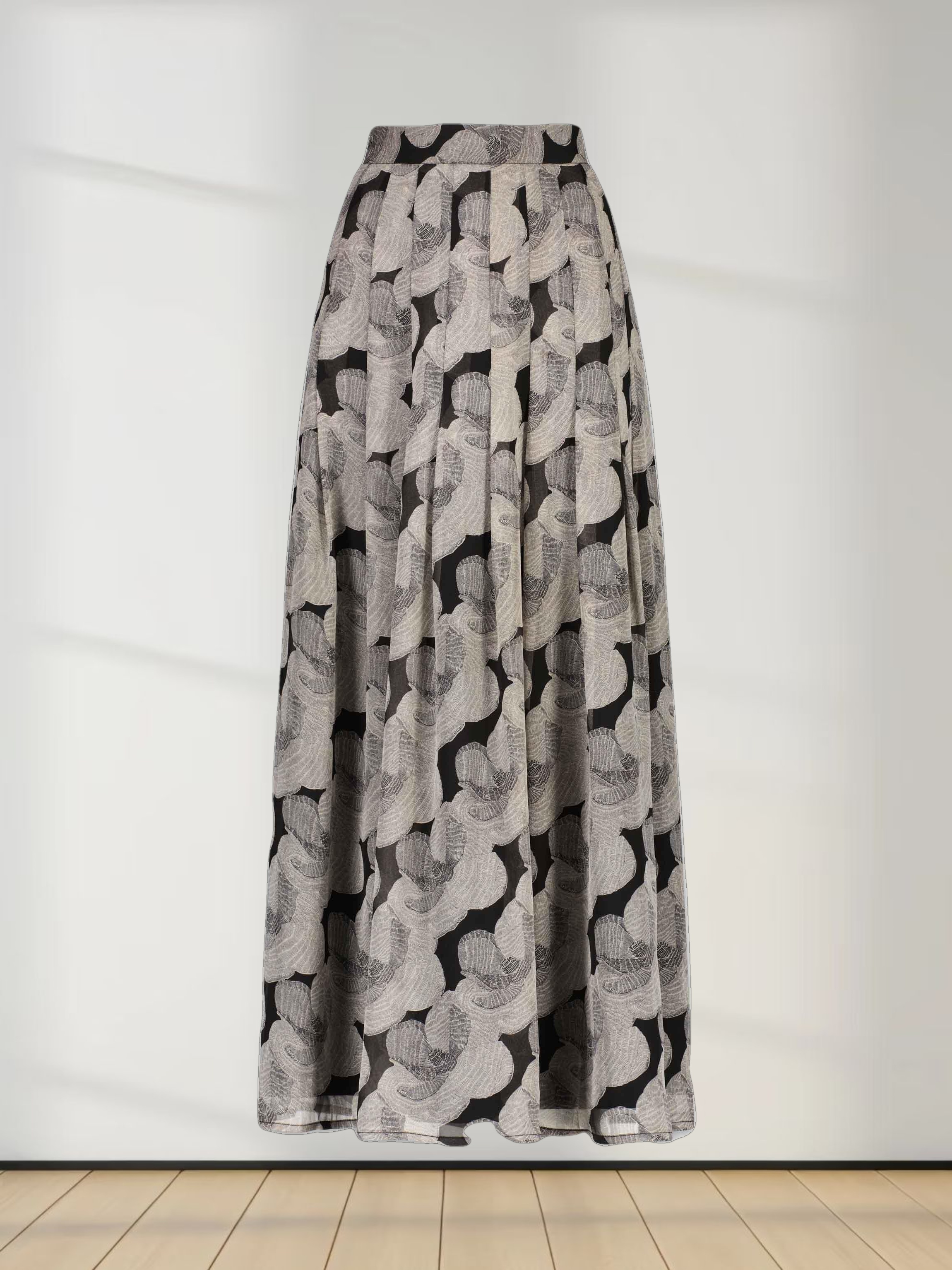 Stitched Down Pleated Skirt-Grey Floral