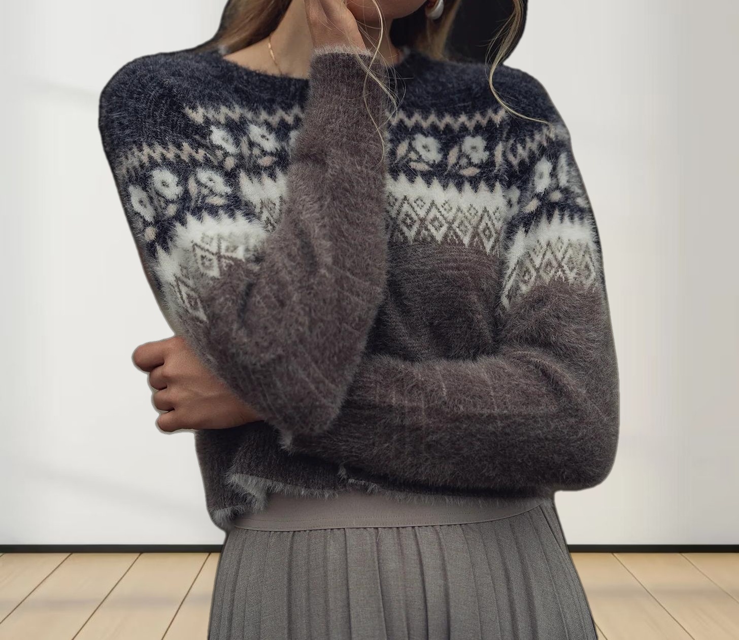 Mohair Crew Cardigan-Aztec Floral