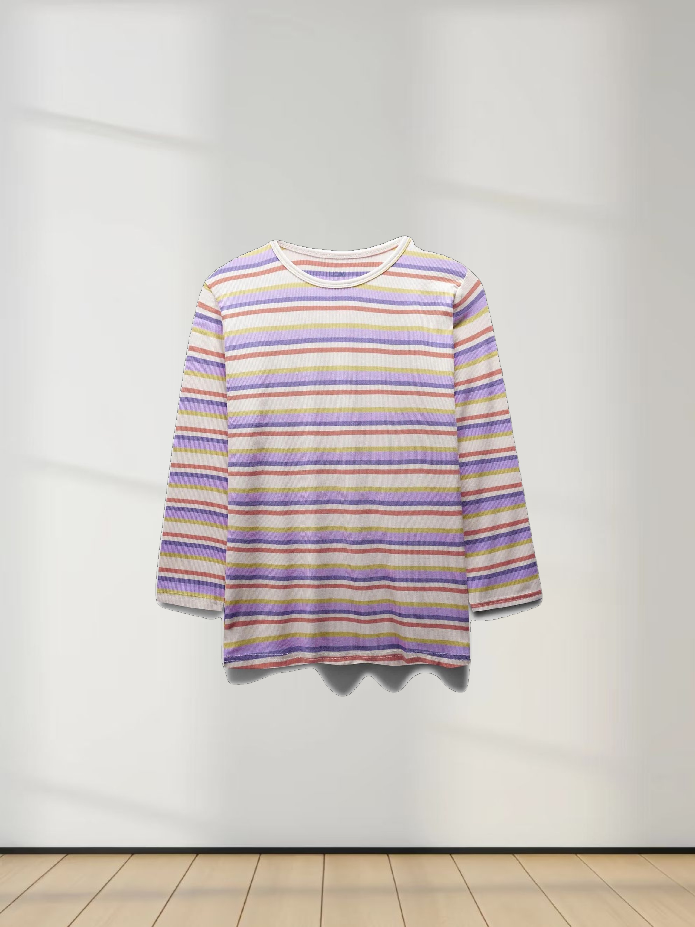 Ribbed Striped Crew 3/4 Sleeve-Orange/Purple