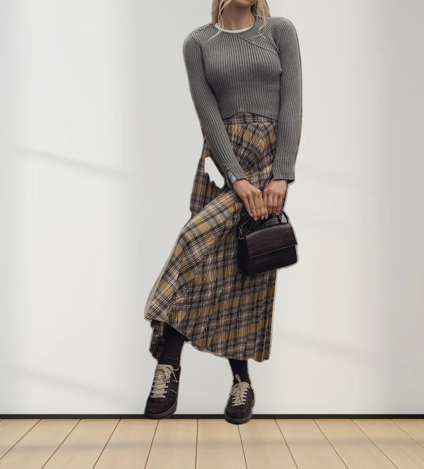 V Bottom Crop Sweater-Grey