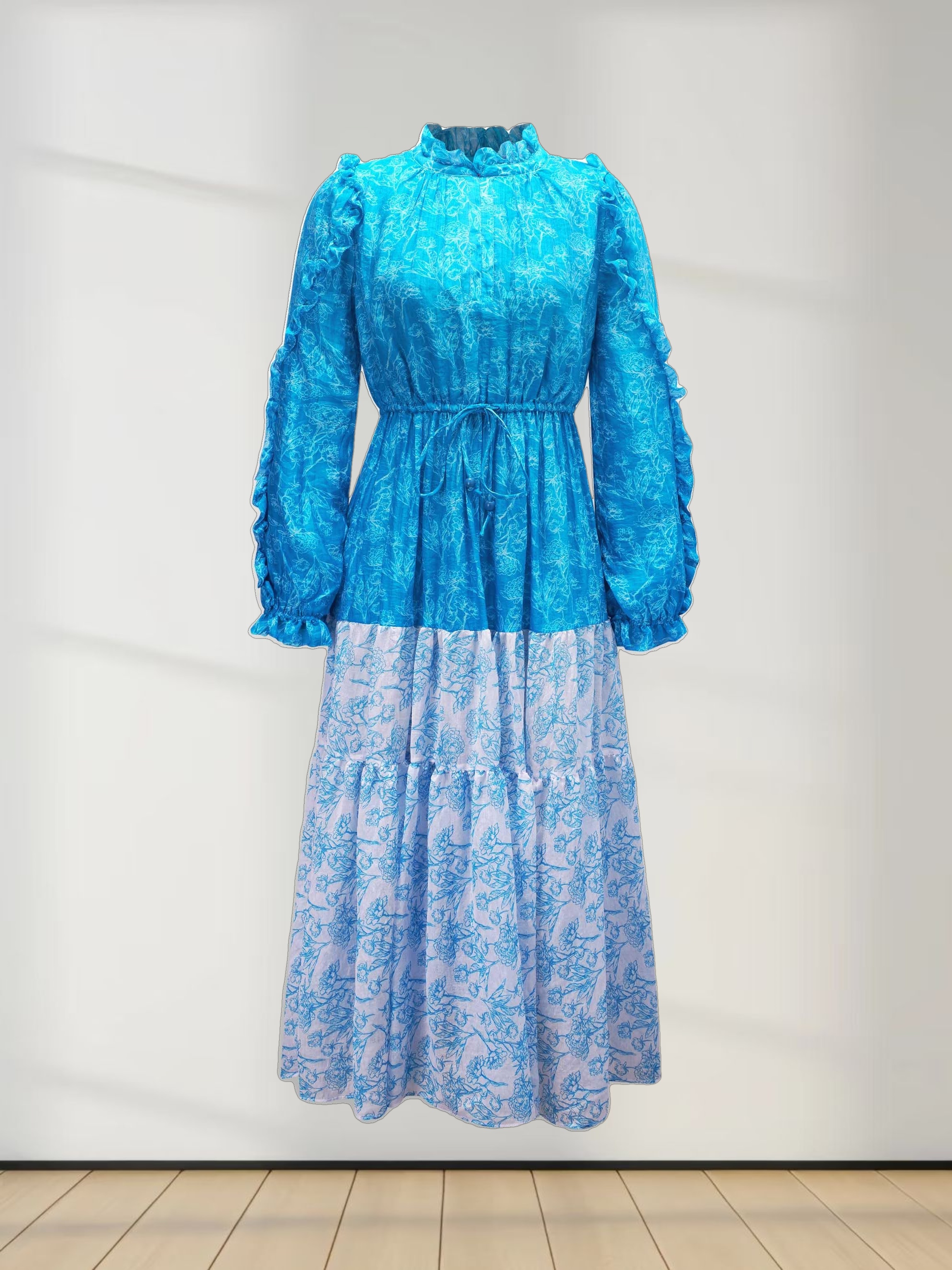 Ruffle Sleeve Two Tone Dress-Aqua Floral