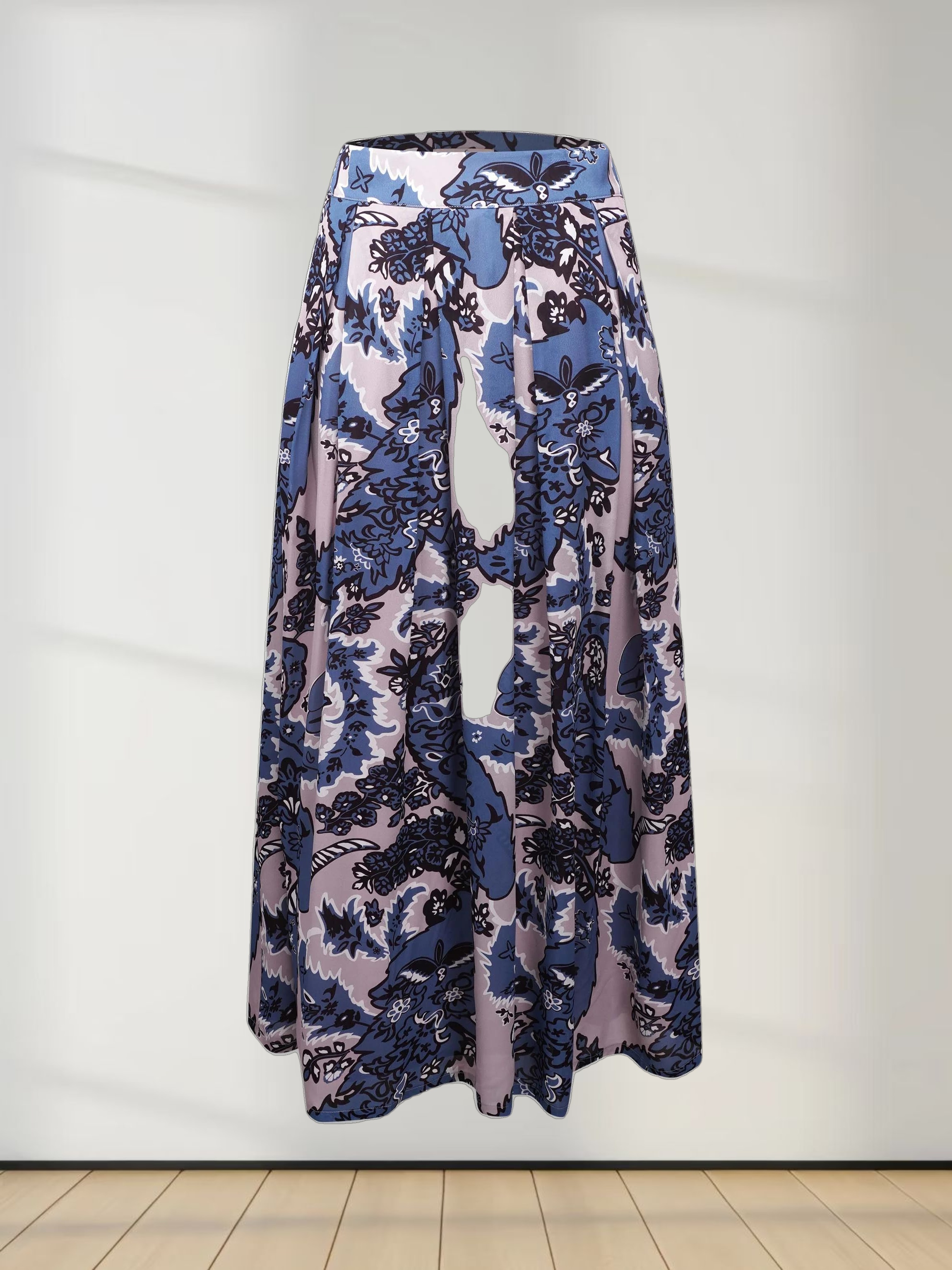 Box Pleated Chiffon Skirt-Blue/Taupe Paisley