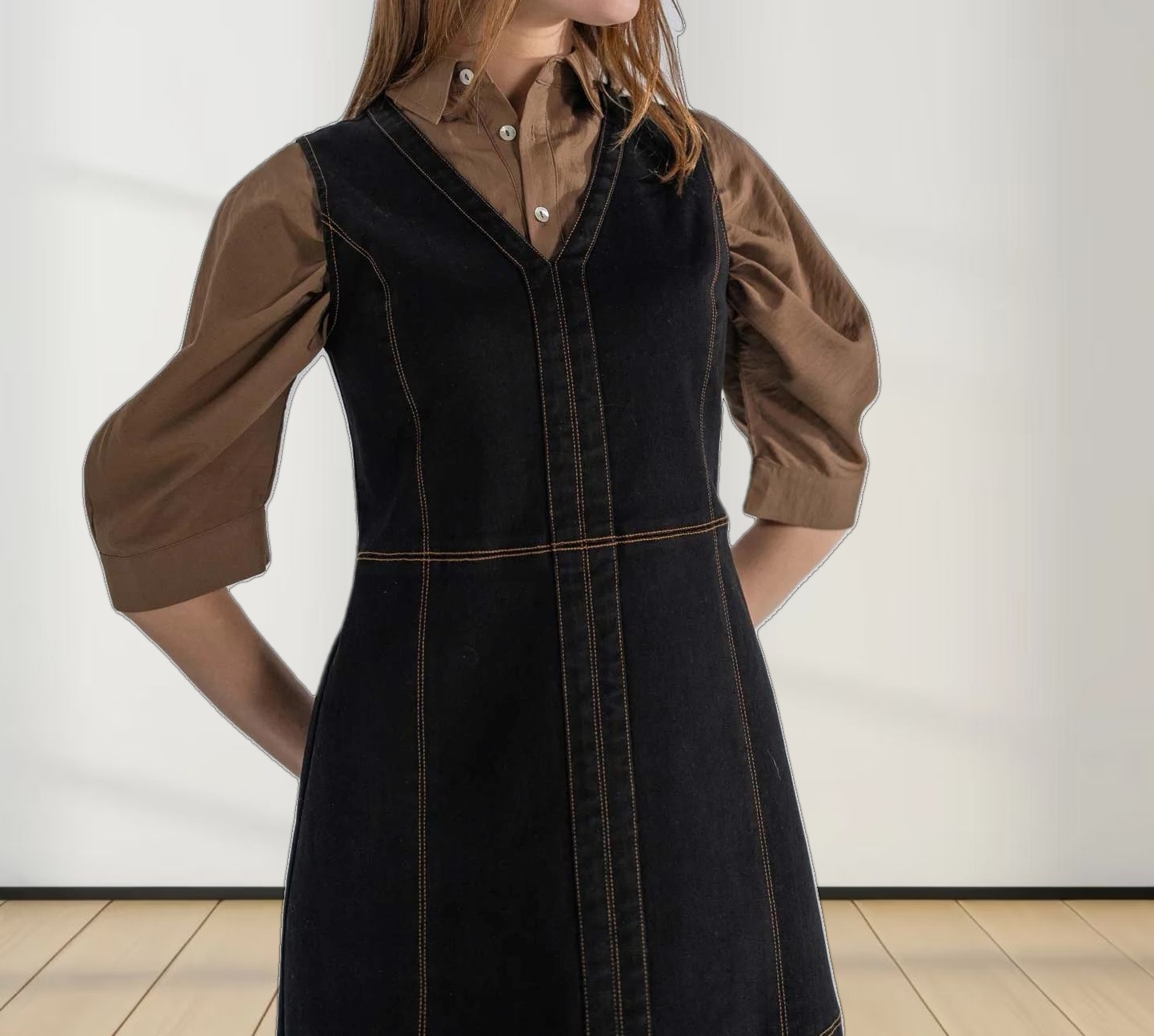 High Waisted V Neck Denim Jumper-Black