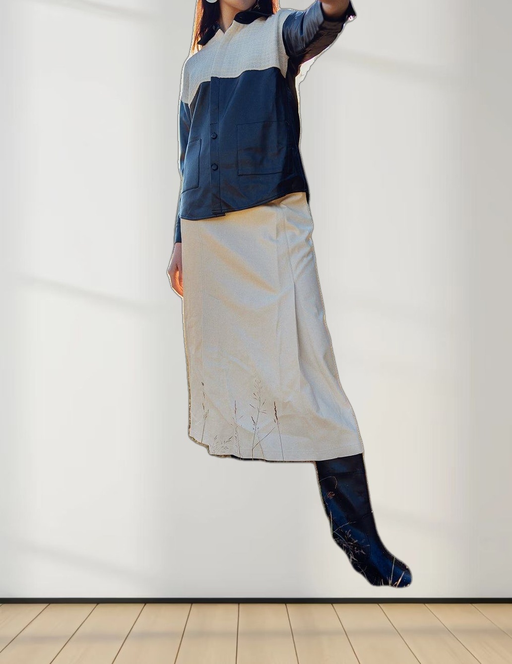 Leather Inverted Pleat Skirt-Ivory