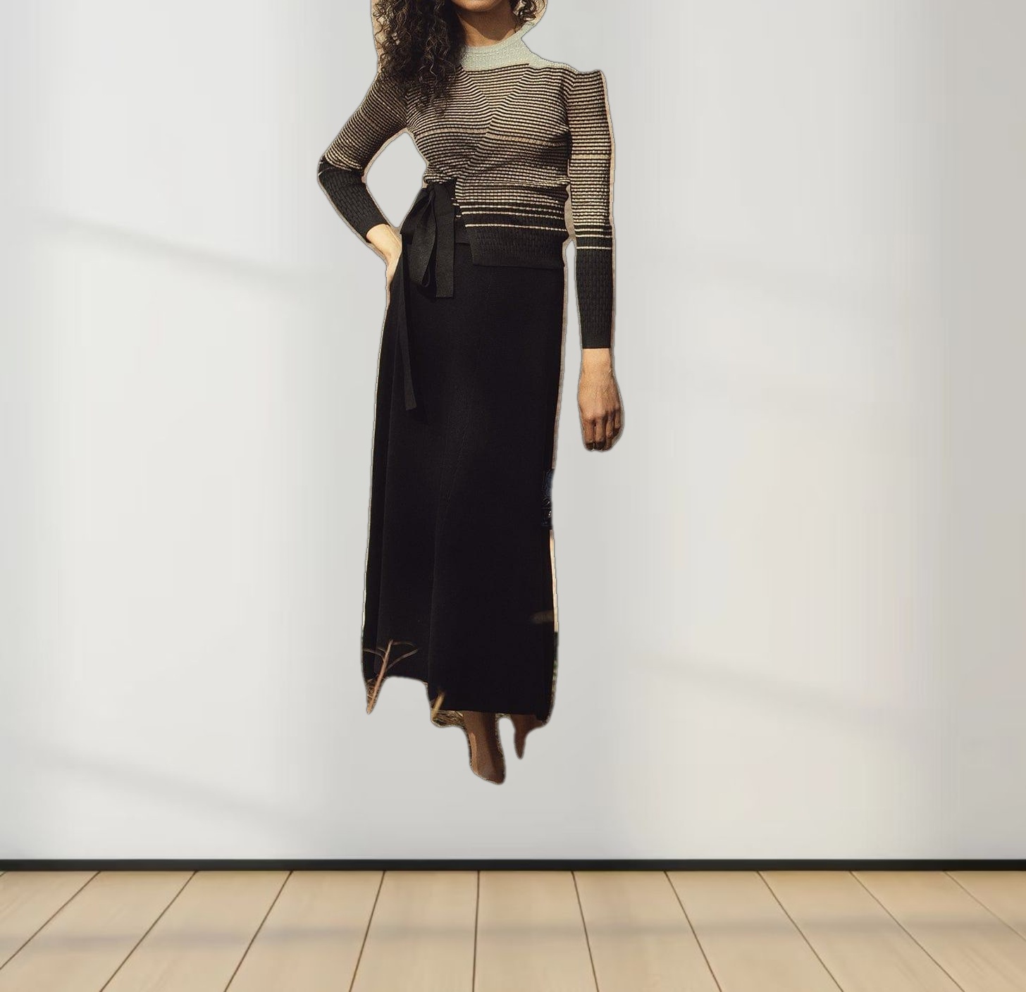 Lurex Stripe Wrap Sweater SET-Gold/Silver/Black