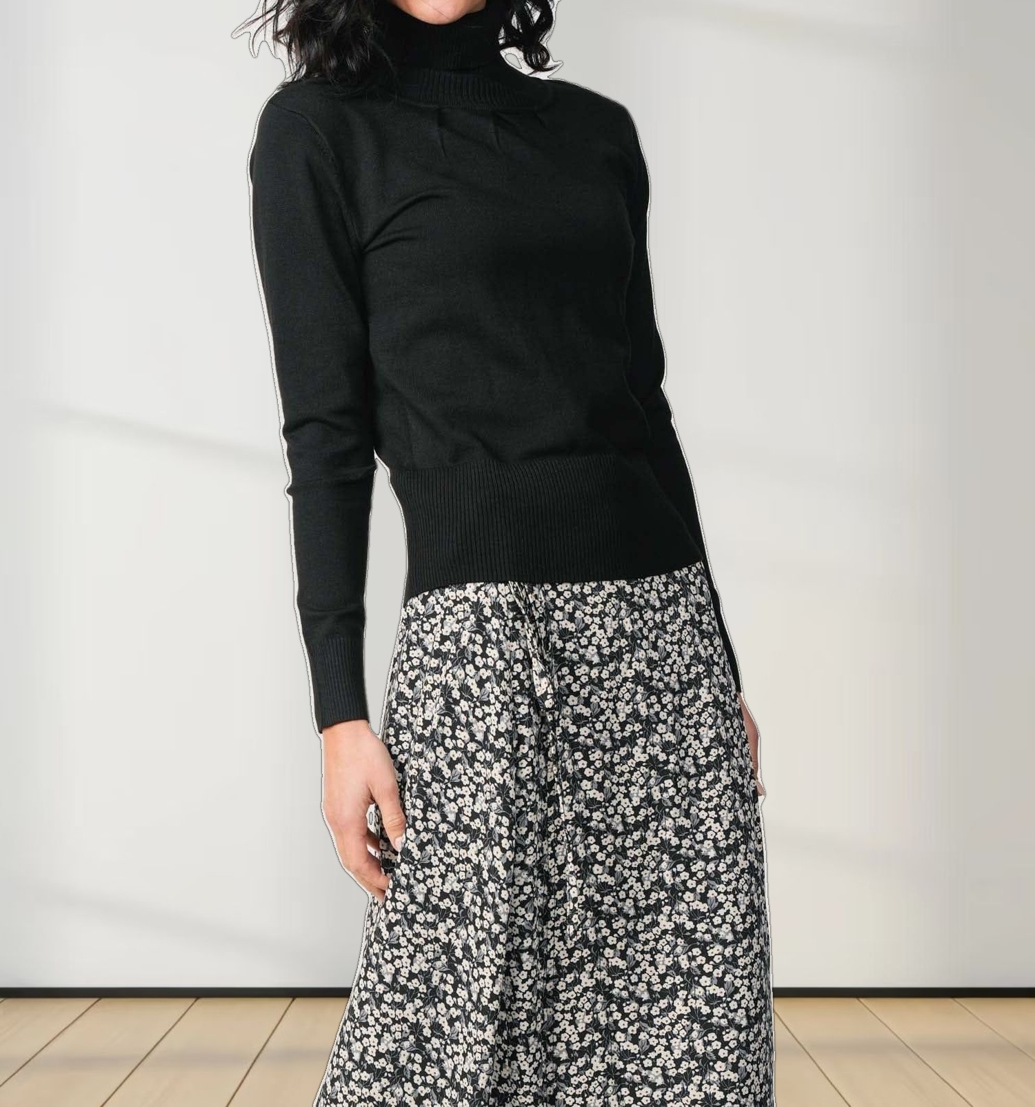 PLEATED TURTLENECK-BLACK