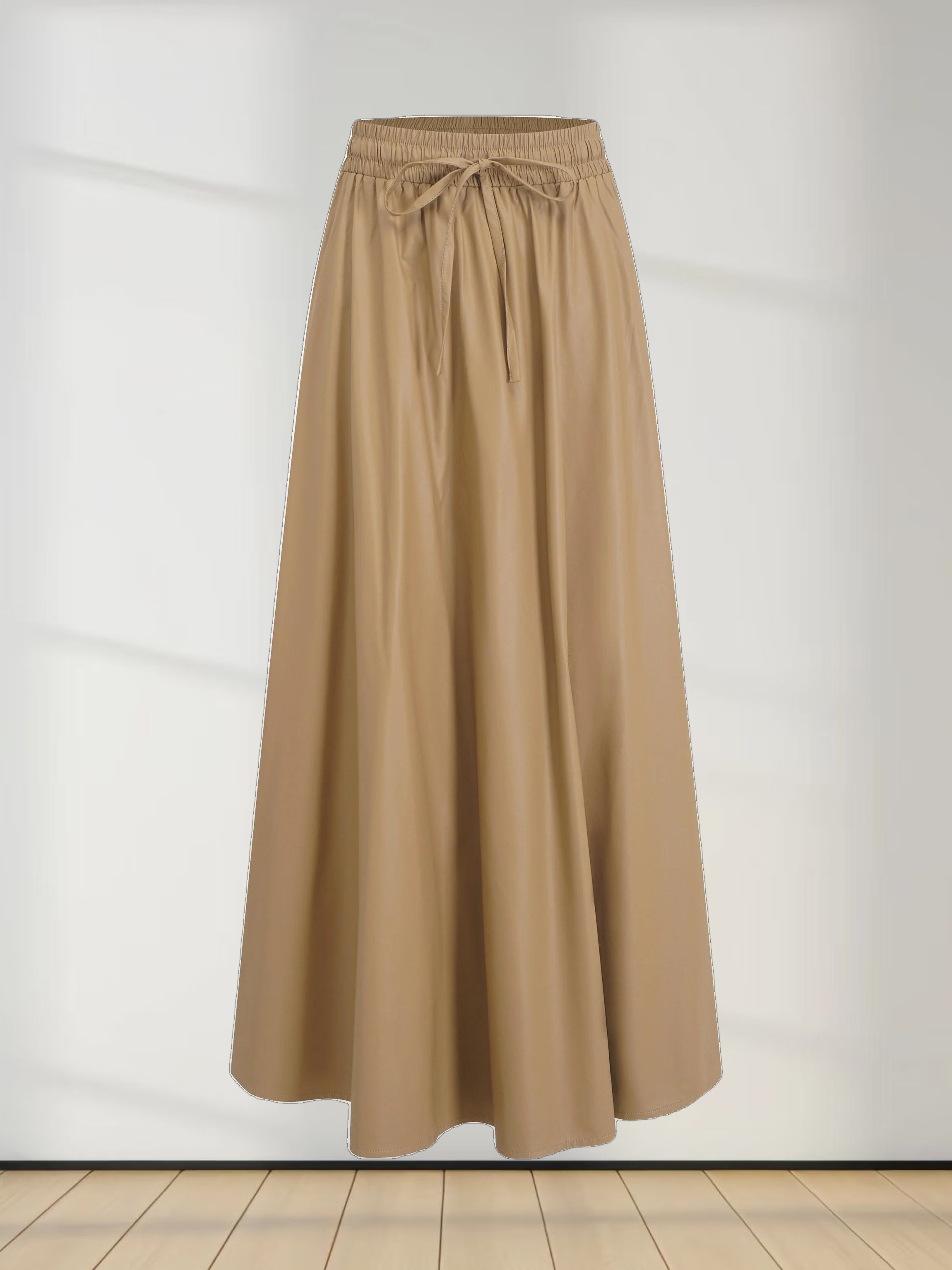 Drawstring Faux Leather Skirt-Camel