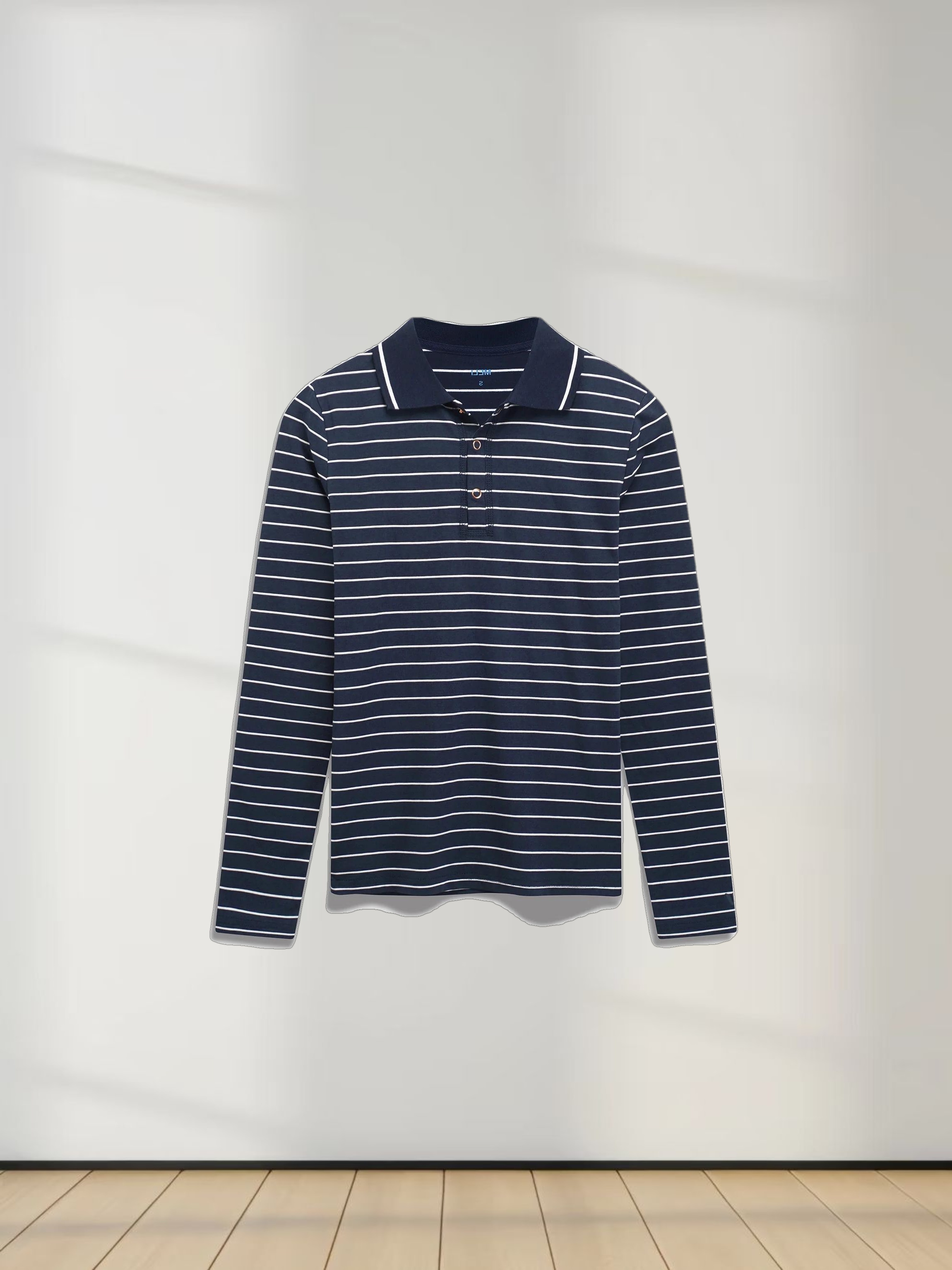Striped Collar Snap Tee-Navy/White