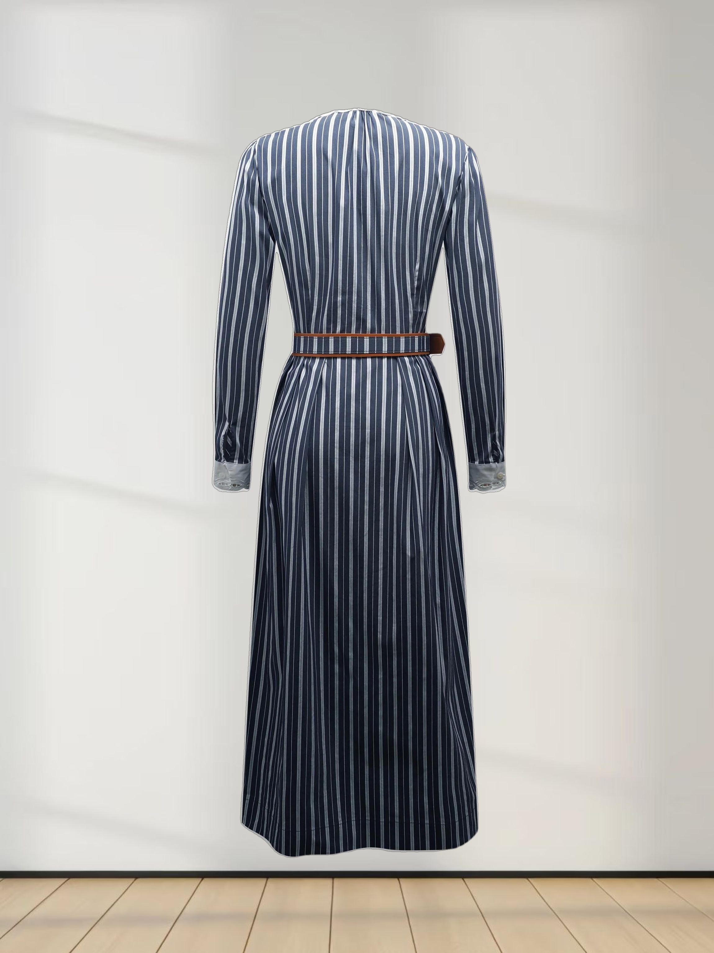 Scalloped Collar Shirtdress-Pinstripe