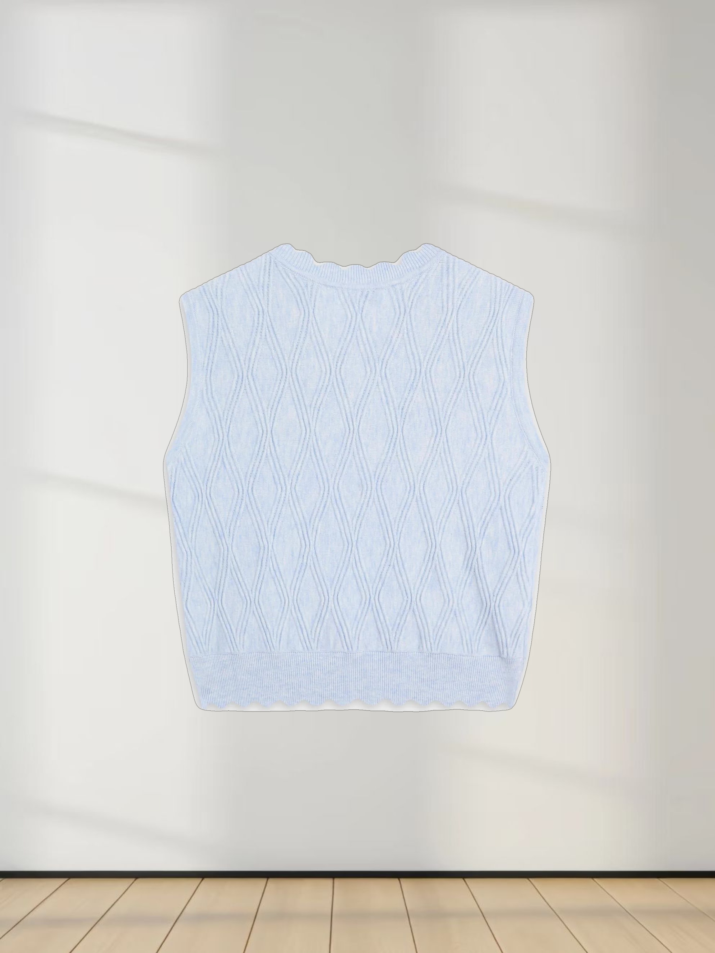 Scalloped Sleeveless Crew Neck Sweater-Light Blue Heather