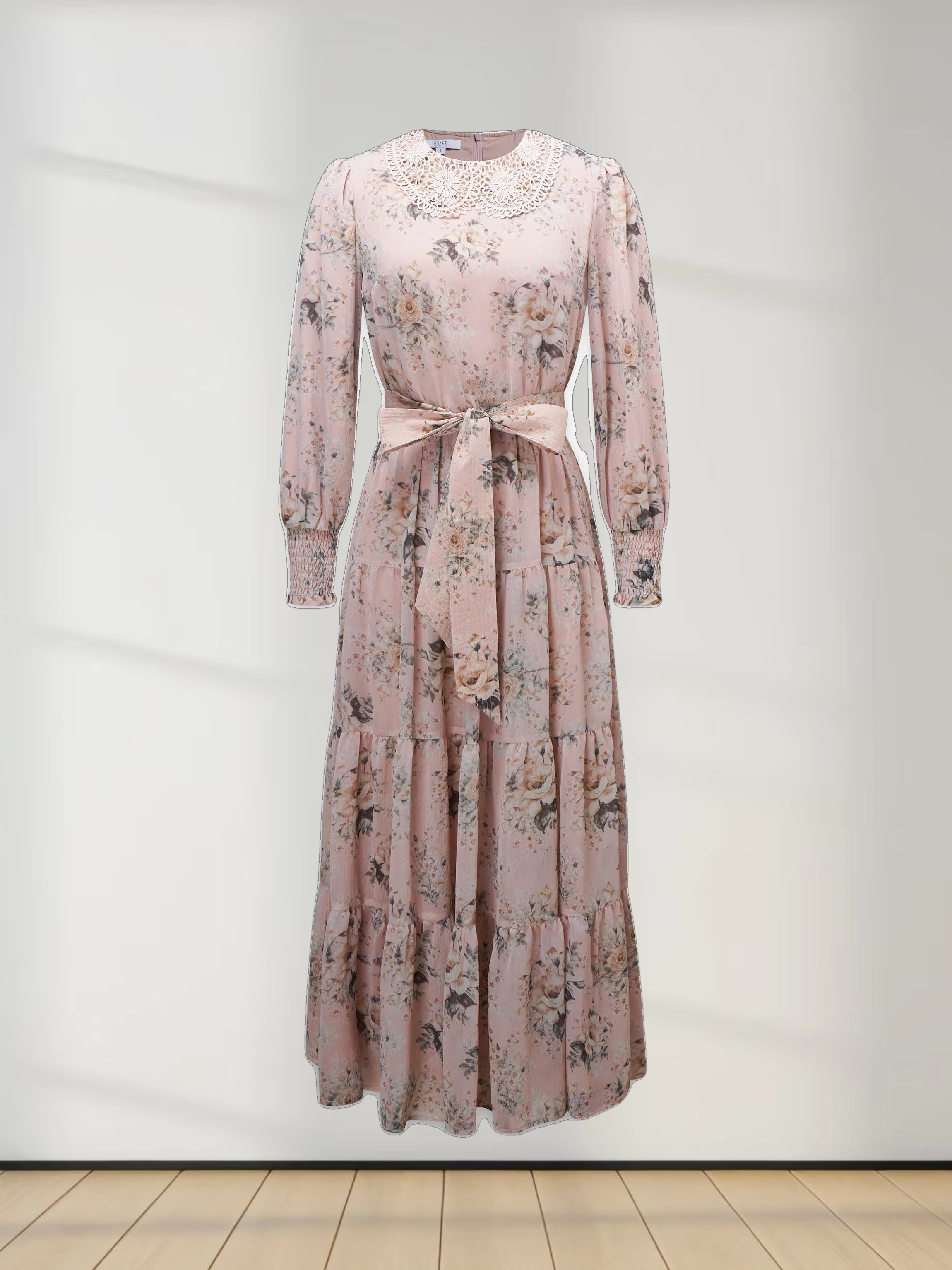 Collared Belted Tiered Dress-Vintage Floral