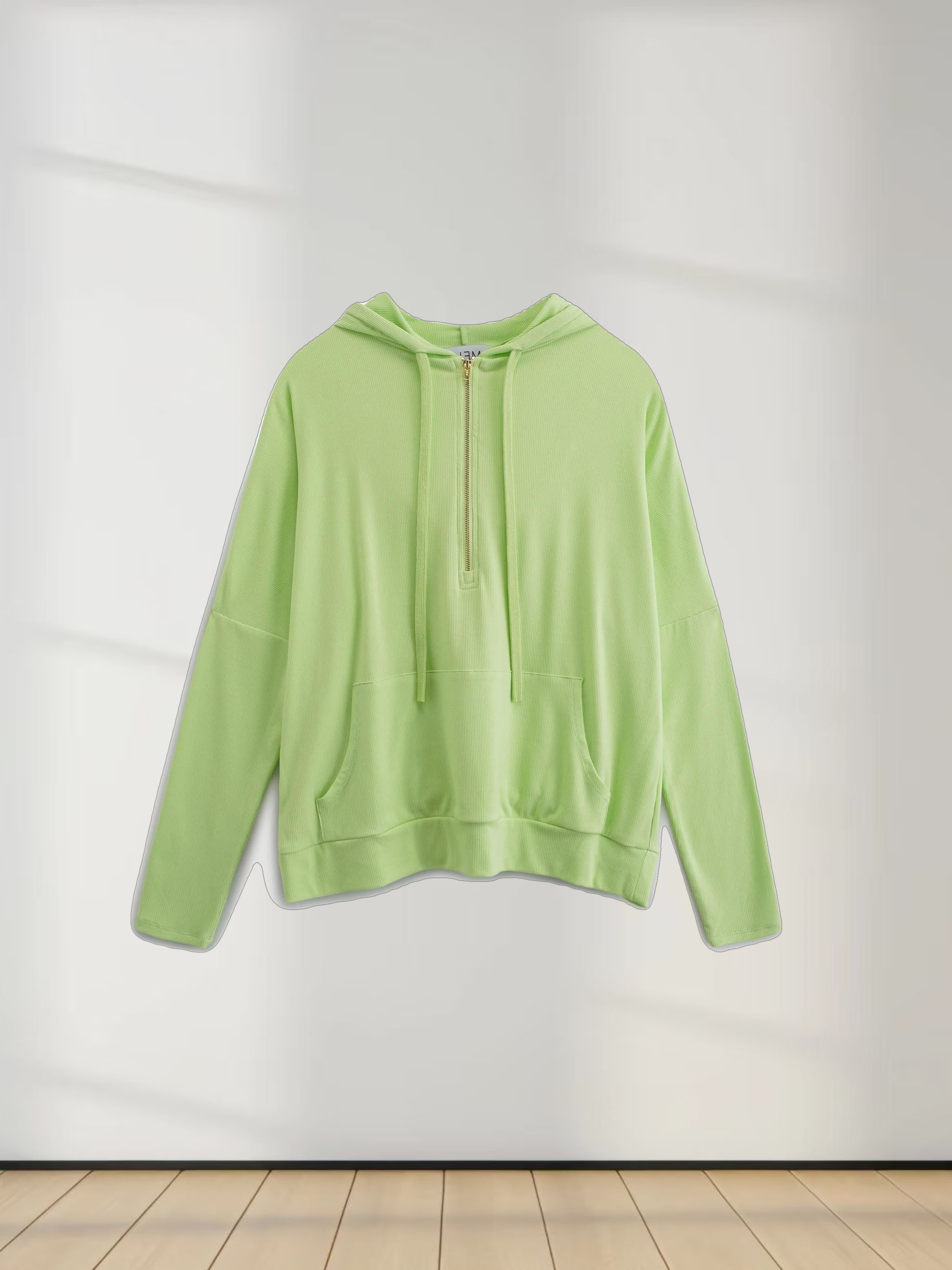 Ribbed Half Zip Hoodie Tee-Lime Green
