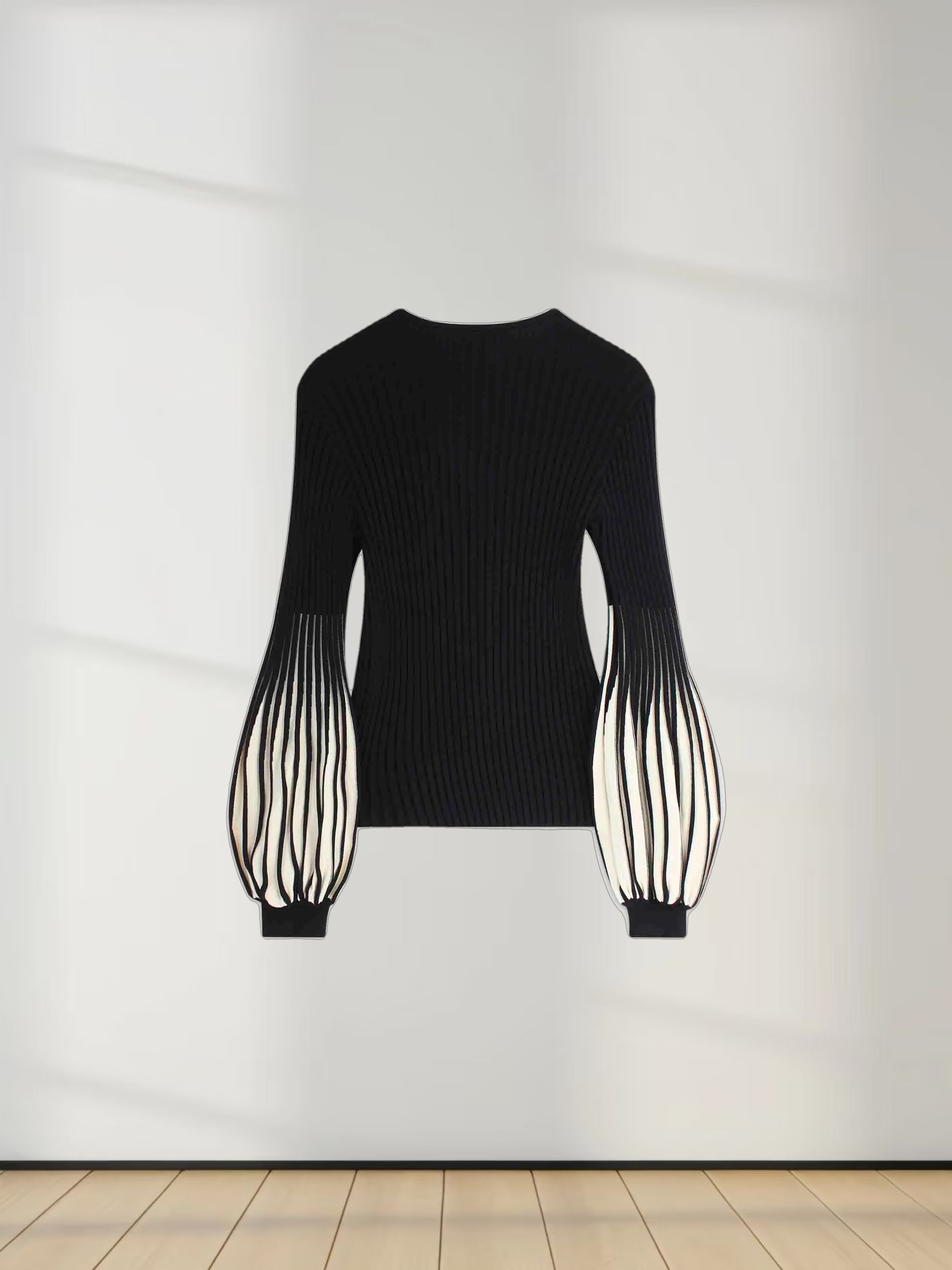 Balloon Sleeve Sweater-Black/Cream
