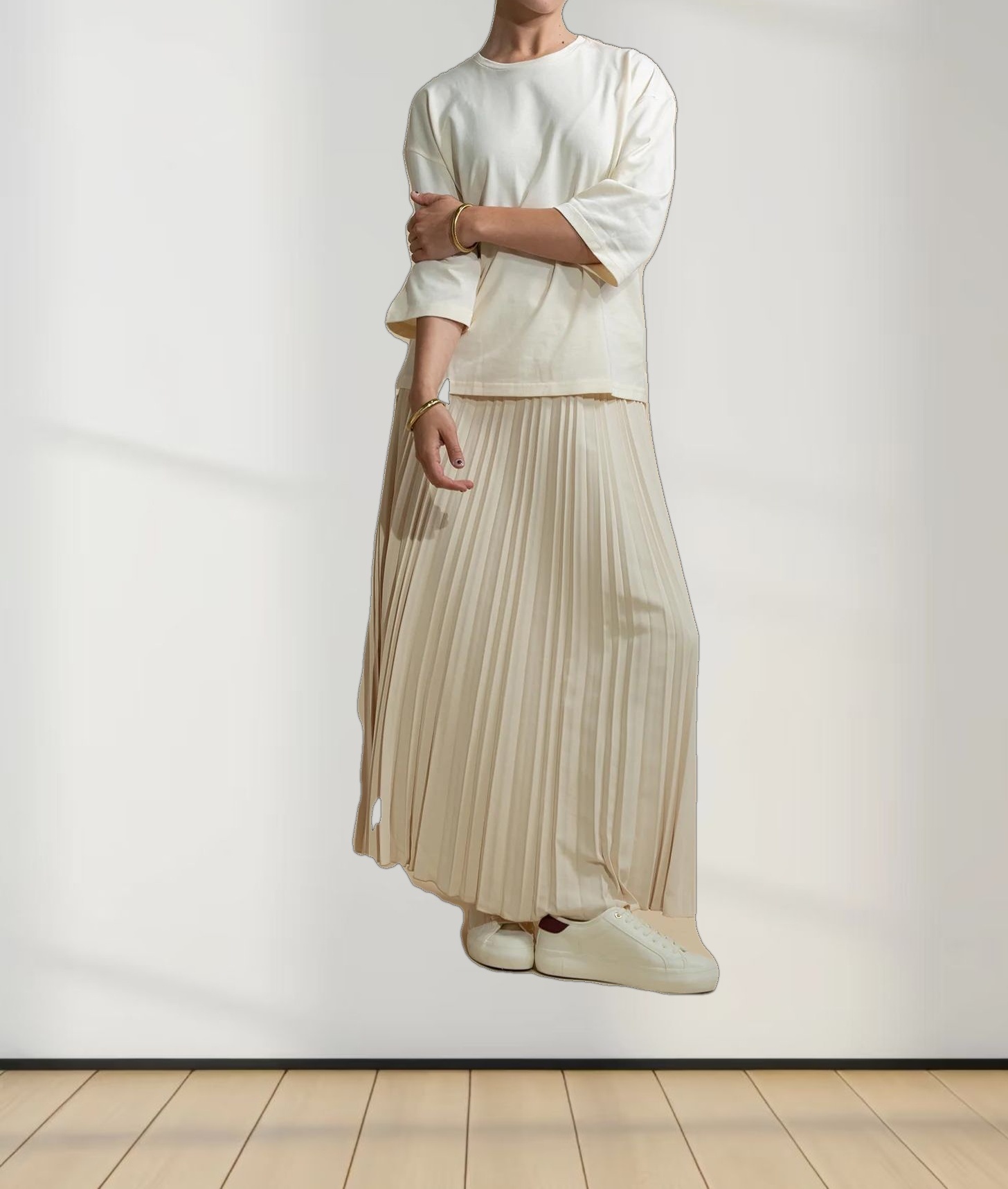 Crepe Pleated Maxi Skirt-Bone