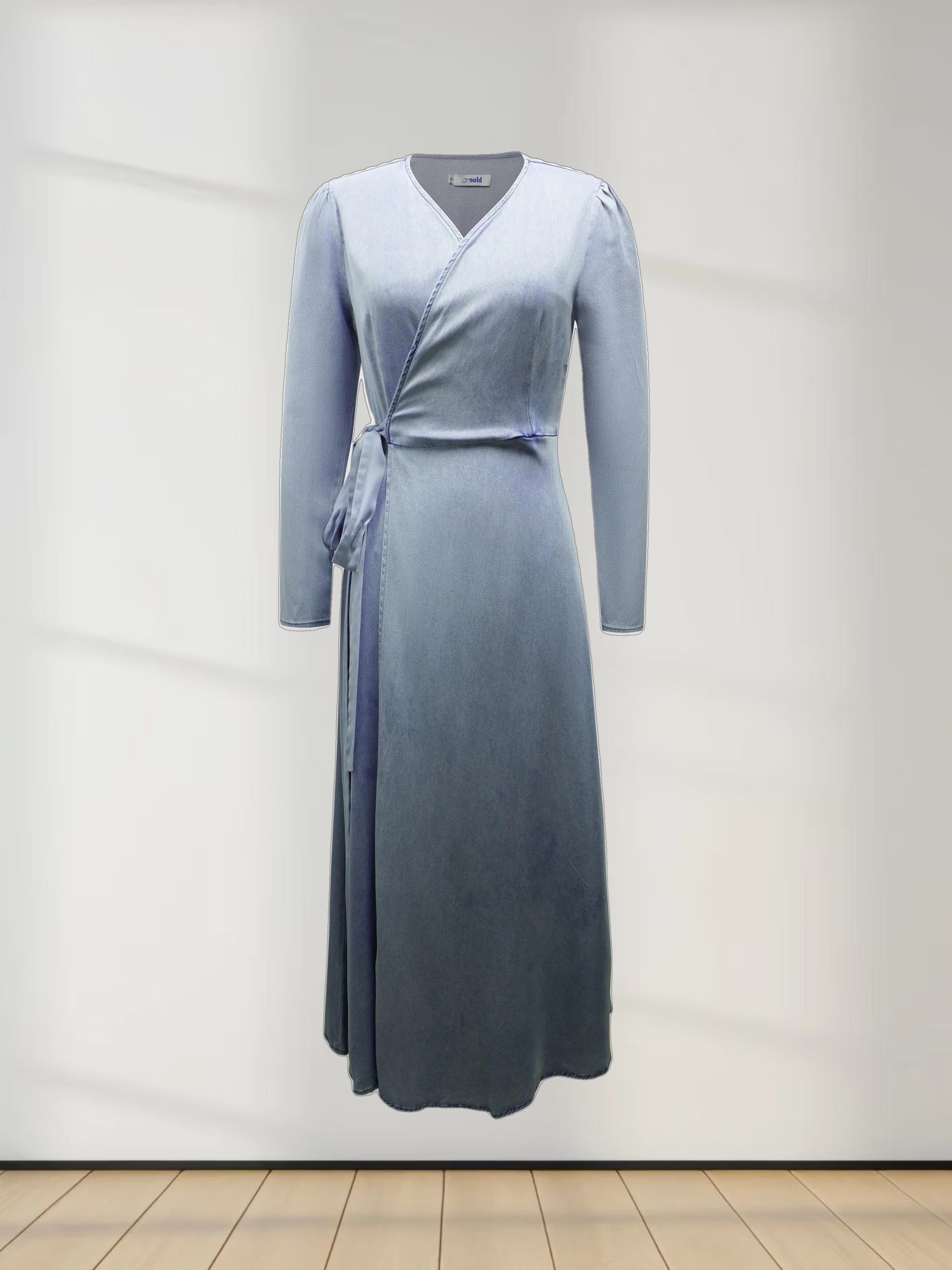 Chambray Denim Wrap Dress-Blue