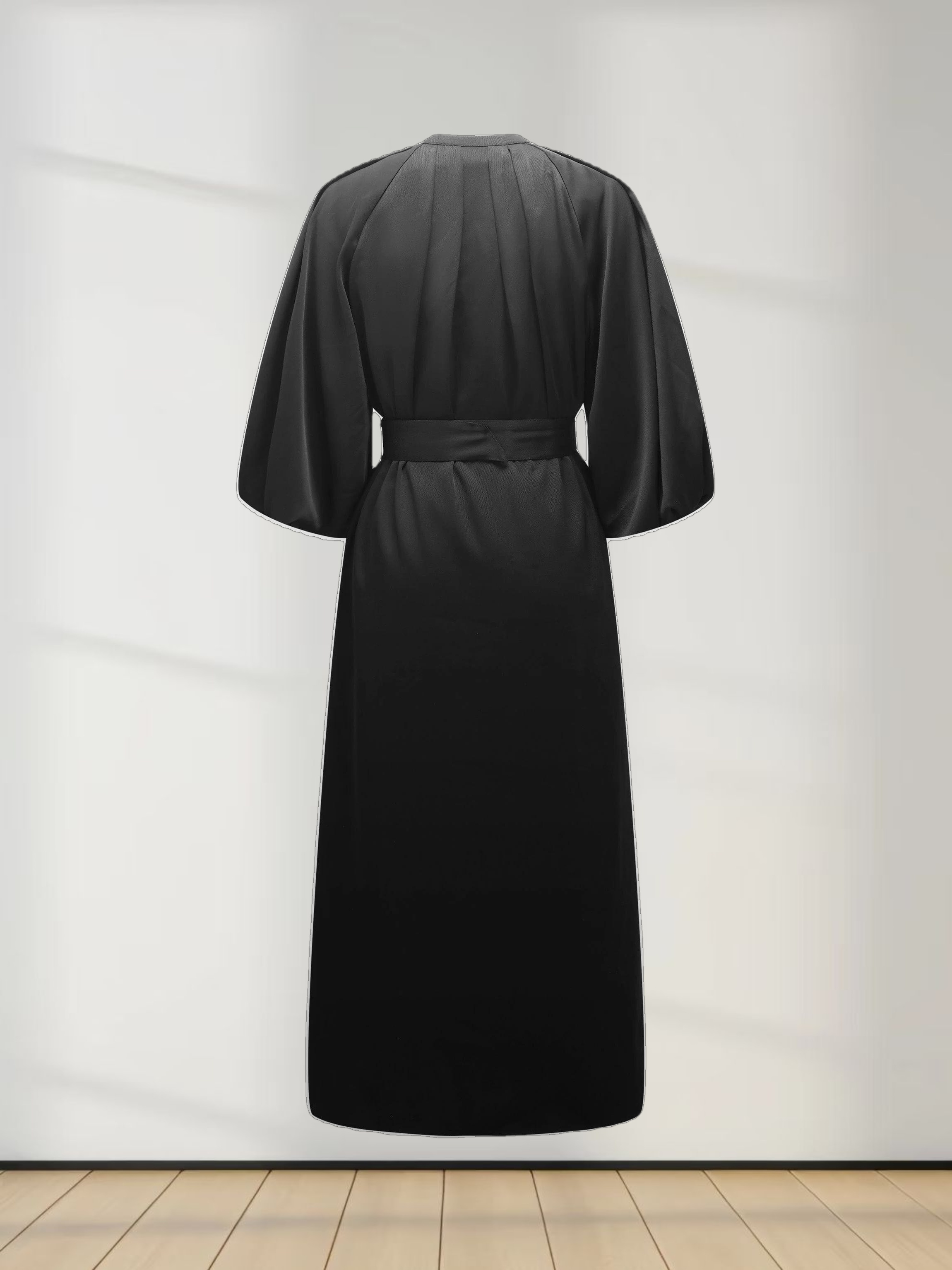 Pleat Neck Belted Dress-Black