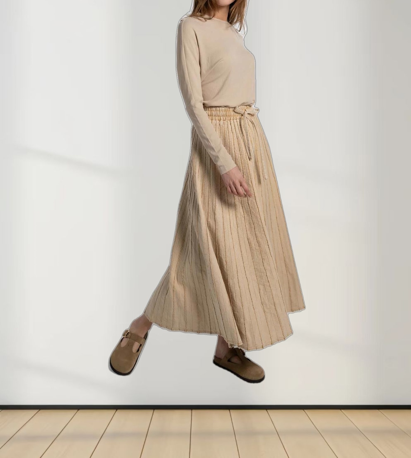 Stitched Micro Pleat Denim Skirt-Tan