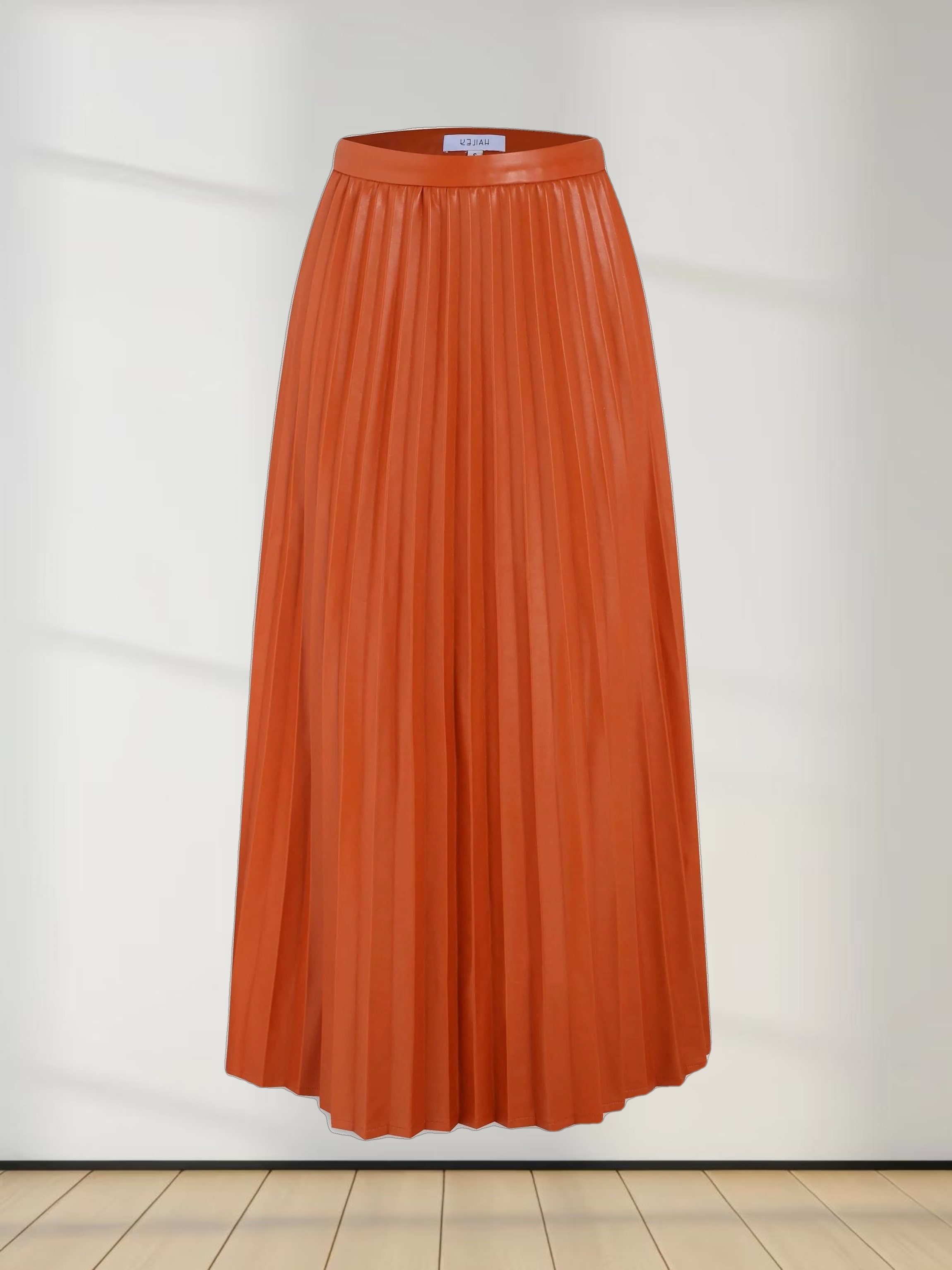 Accordion Pleated Faux Leather Skirt-Cognac
