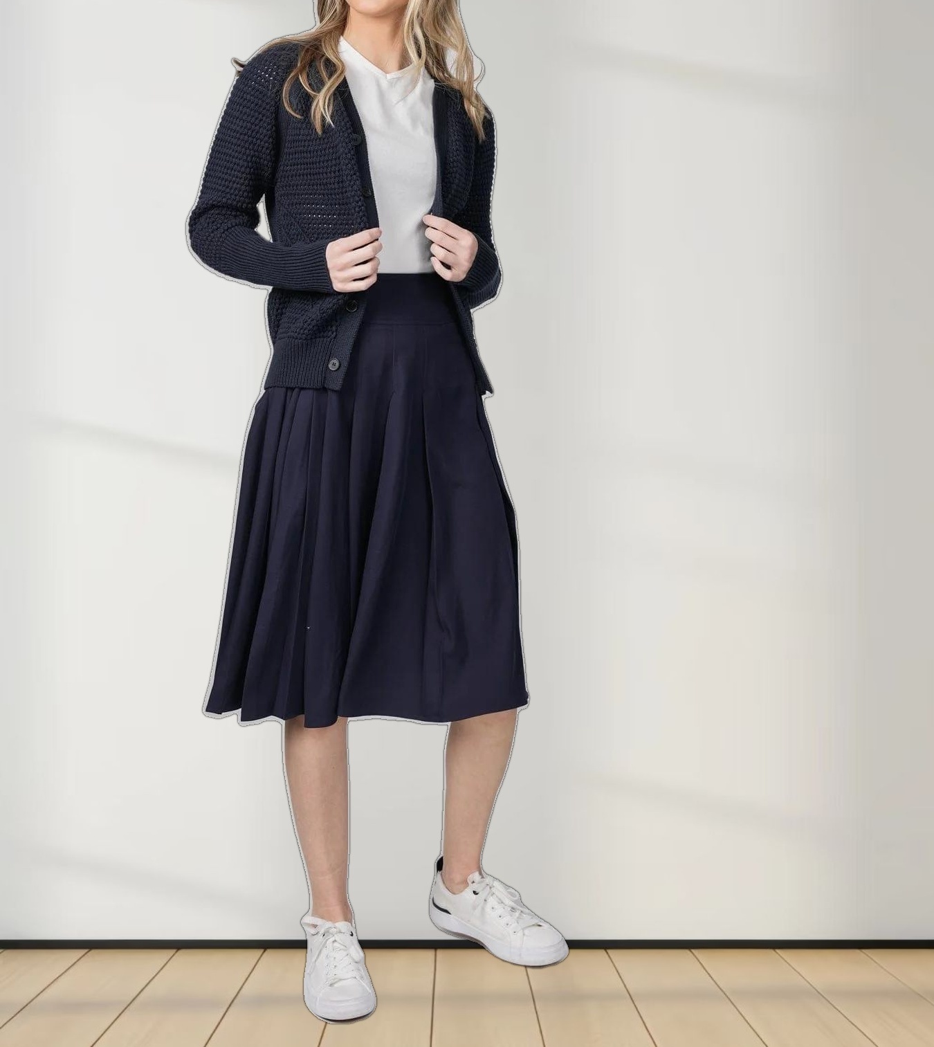 STITCHED DOWN PLEATED SKIRT(SHORT)-NAVY