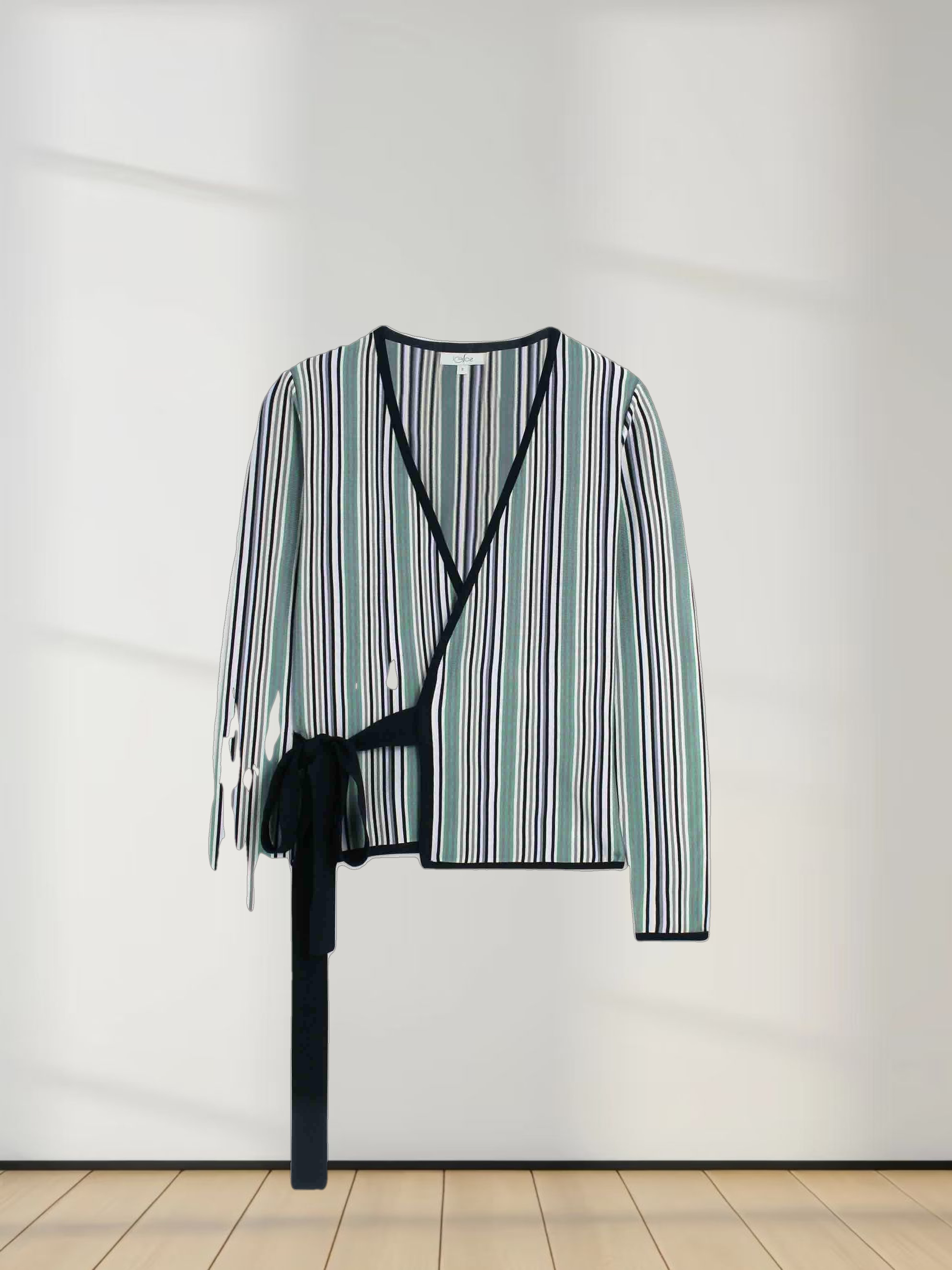 Silky Knit Wrap Sweater-Teal Stripe