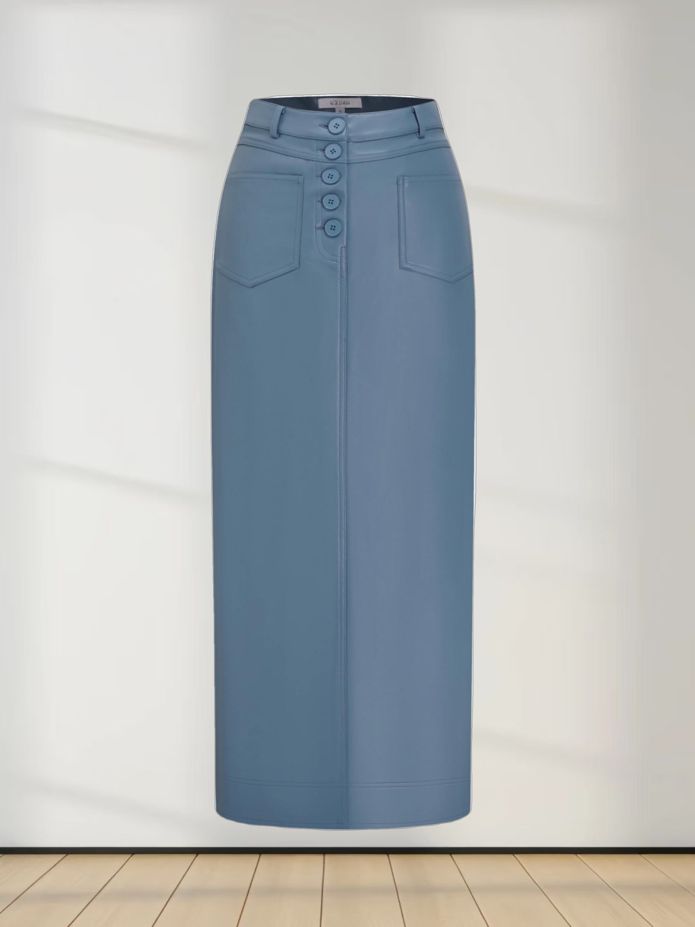 Front Pocket Straight Faux Leather Skirt-Denim Blue