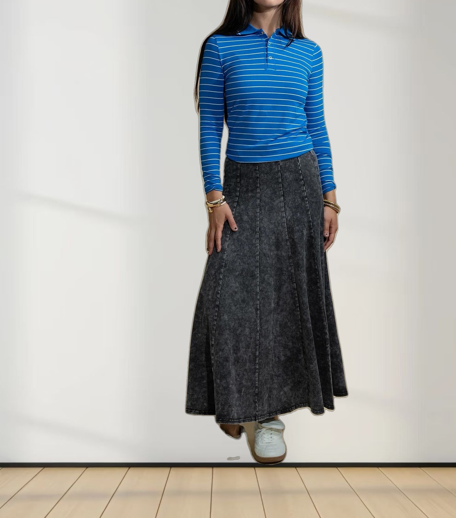 Striped Collar Snap Tee-Cobalt Blue/White