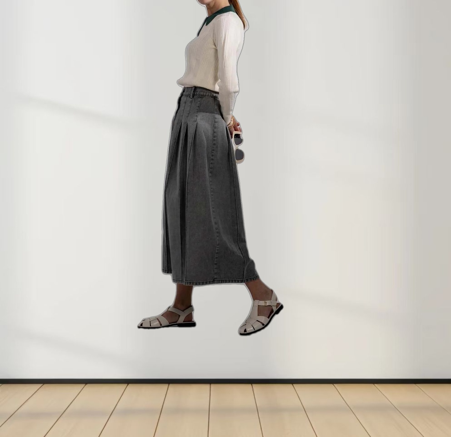 Knit Detail Collar Sweater-Cream/Green