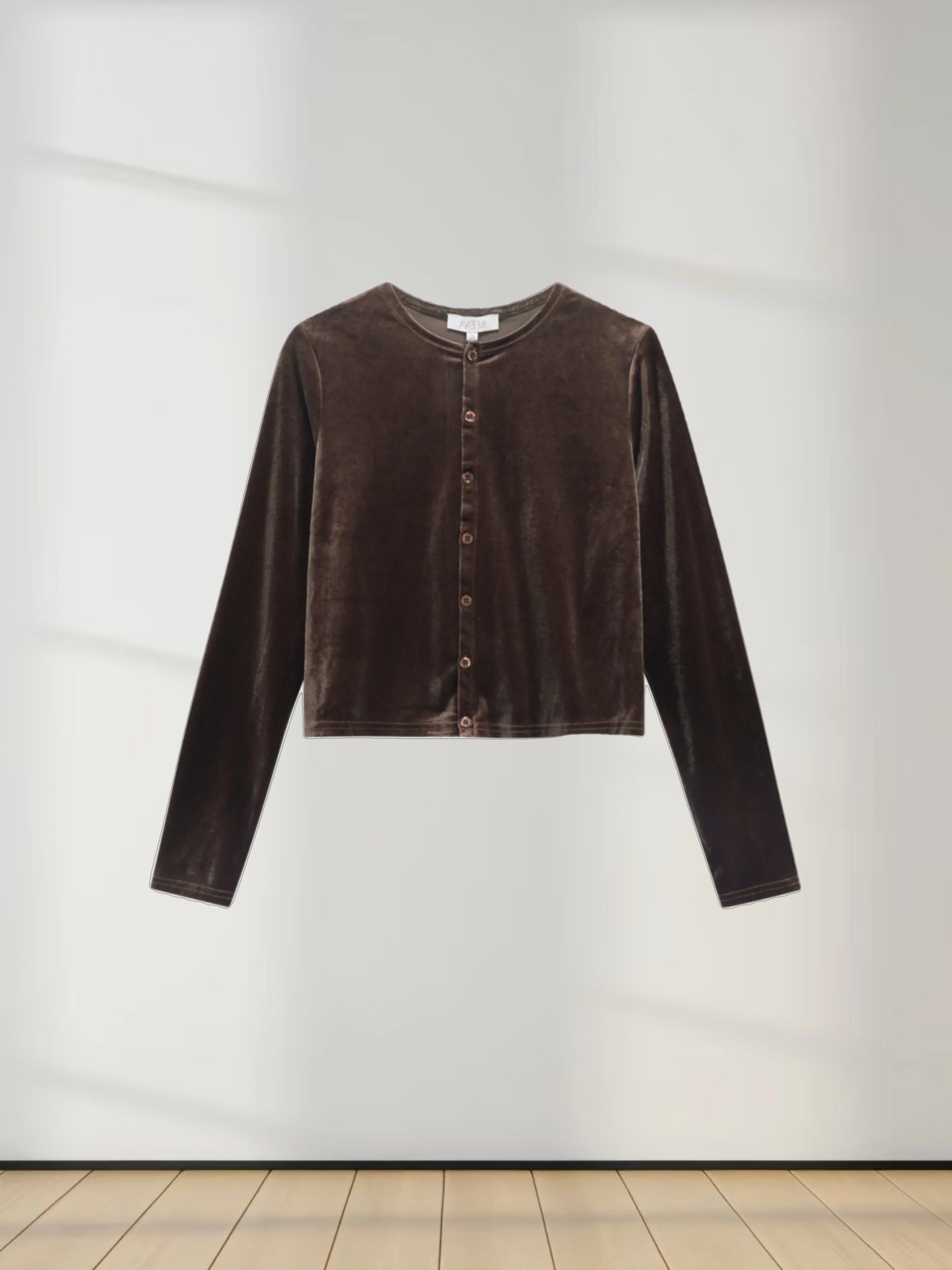 Velour Button Down Crew Cardigan-Brown