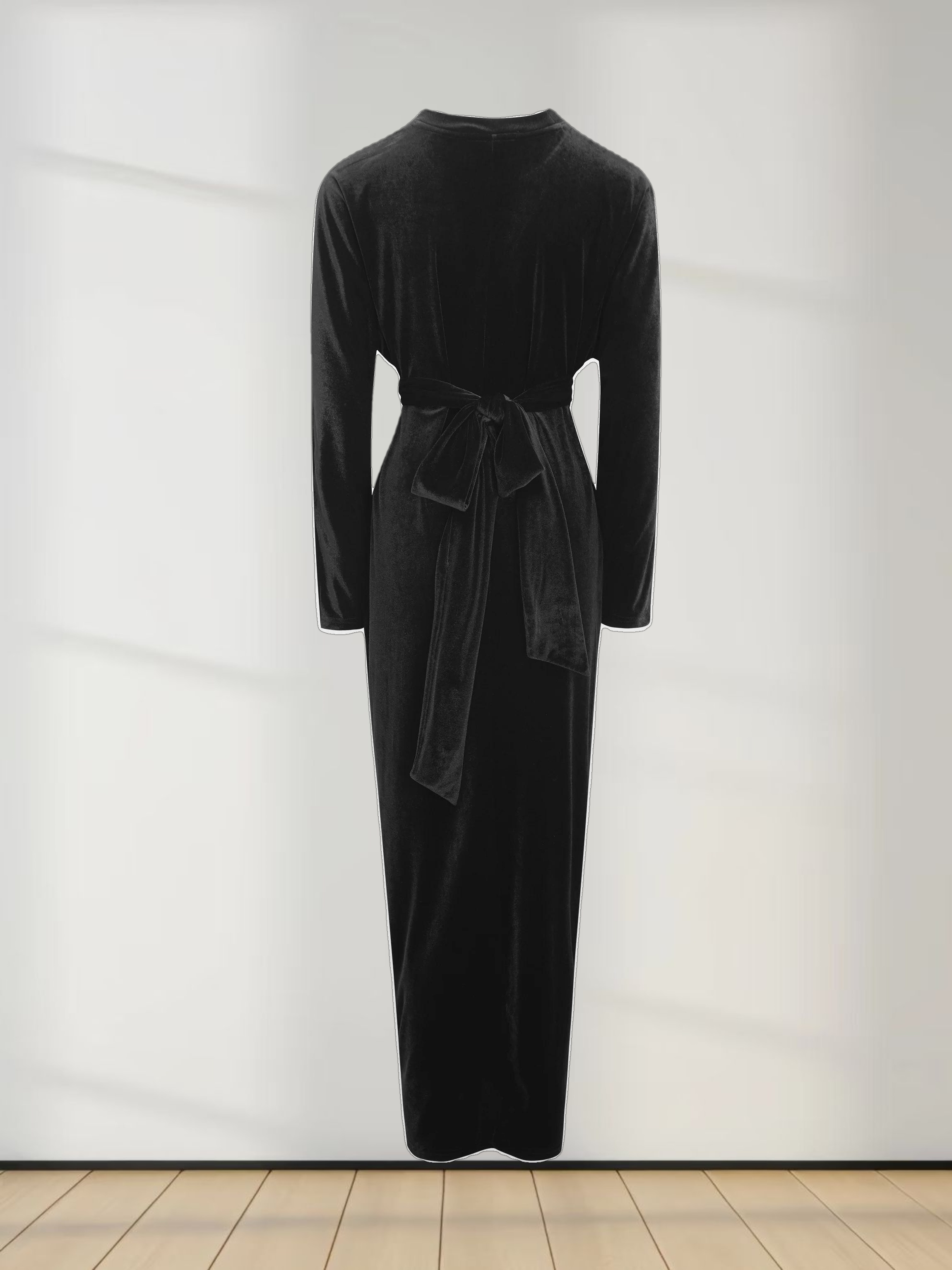 Velour Wrap Tie Maxi Dress-Black