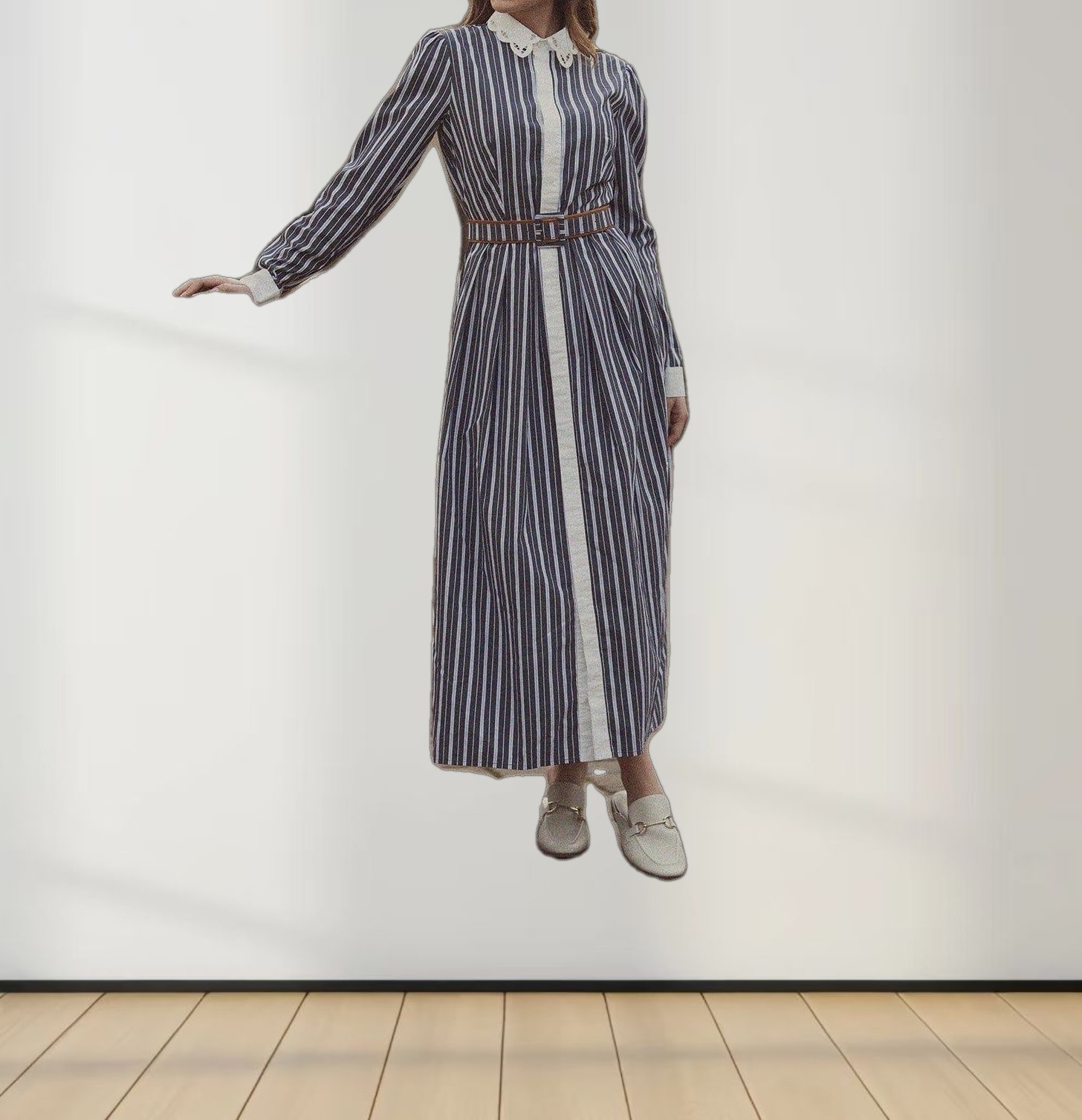 Scalloped Collar Shirtdress-Pinstripe