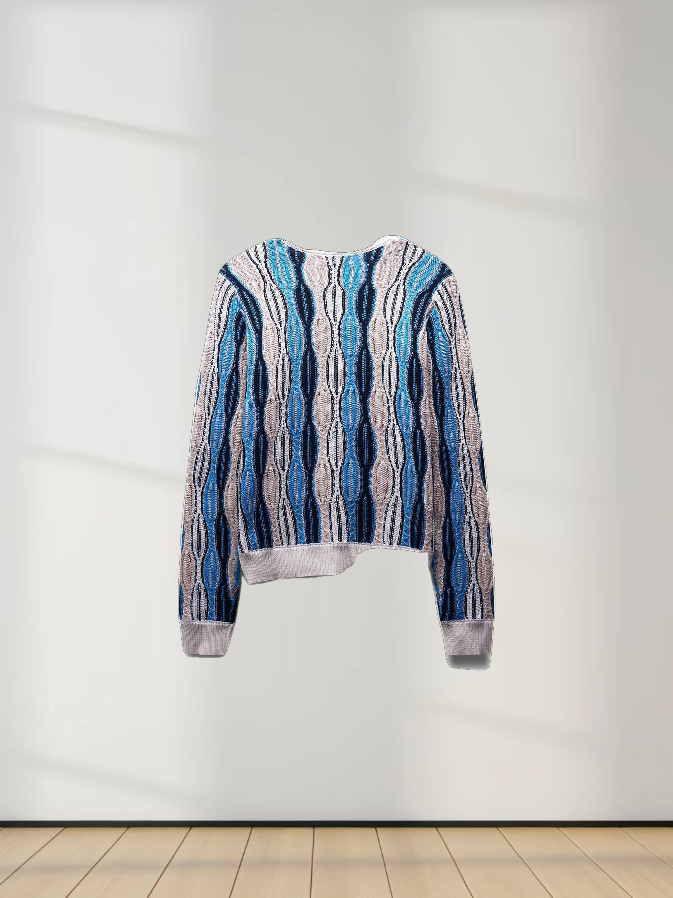 Wave Design Crew Neck Sweater-Tan/Blue