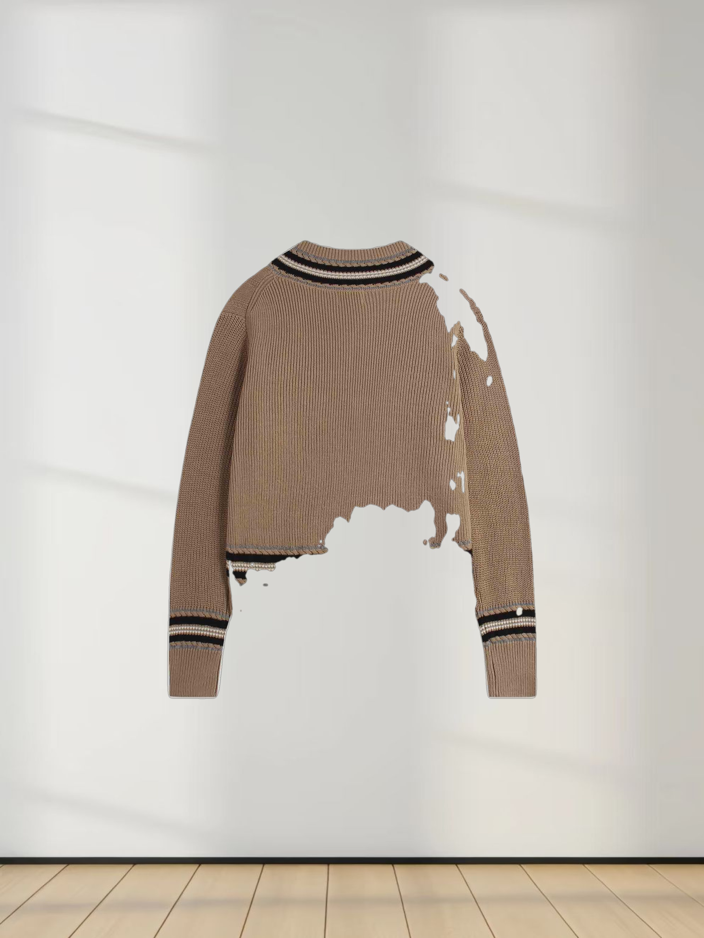 V-Neck Cable Sweater-Tan/Grey