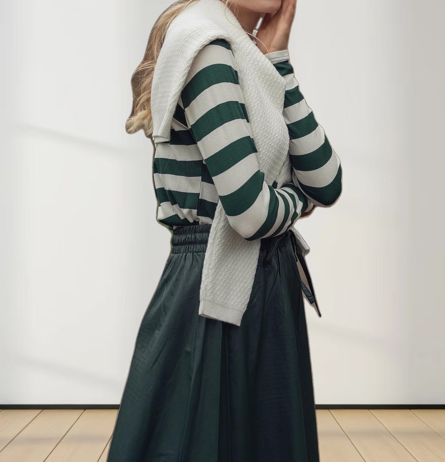 Striped Ribbed Turtleneck-Emerald/Cream