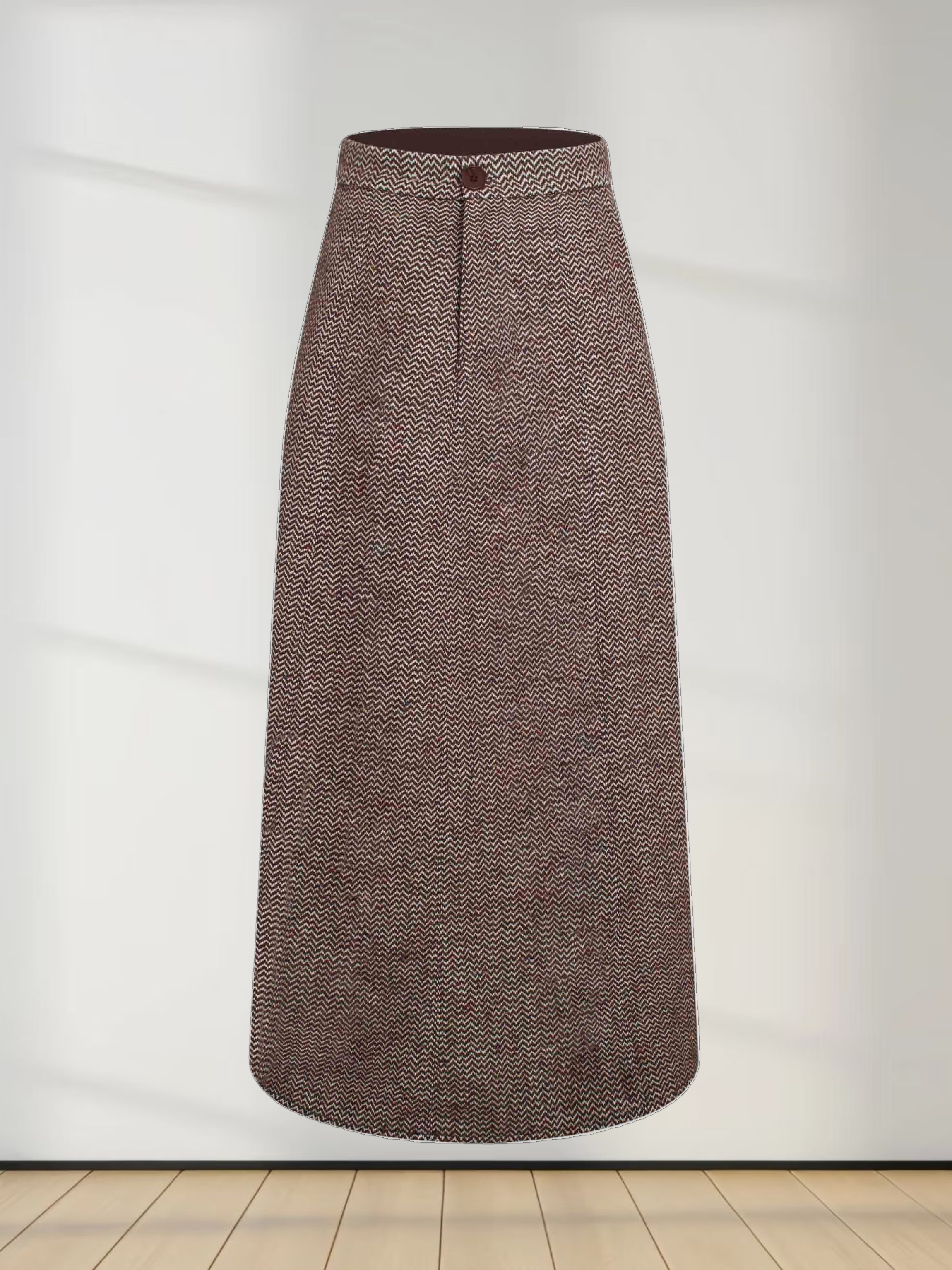 Button Front A-Line Skirt-Brown Herringbone