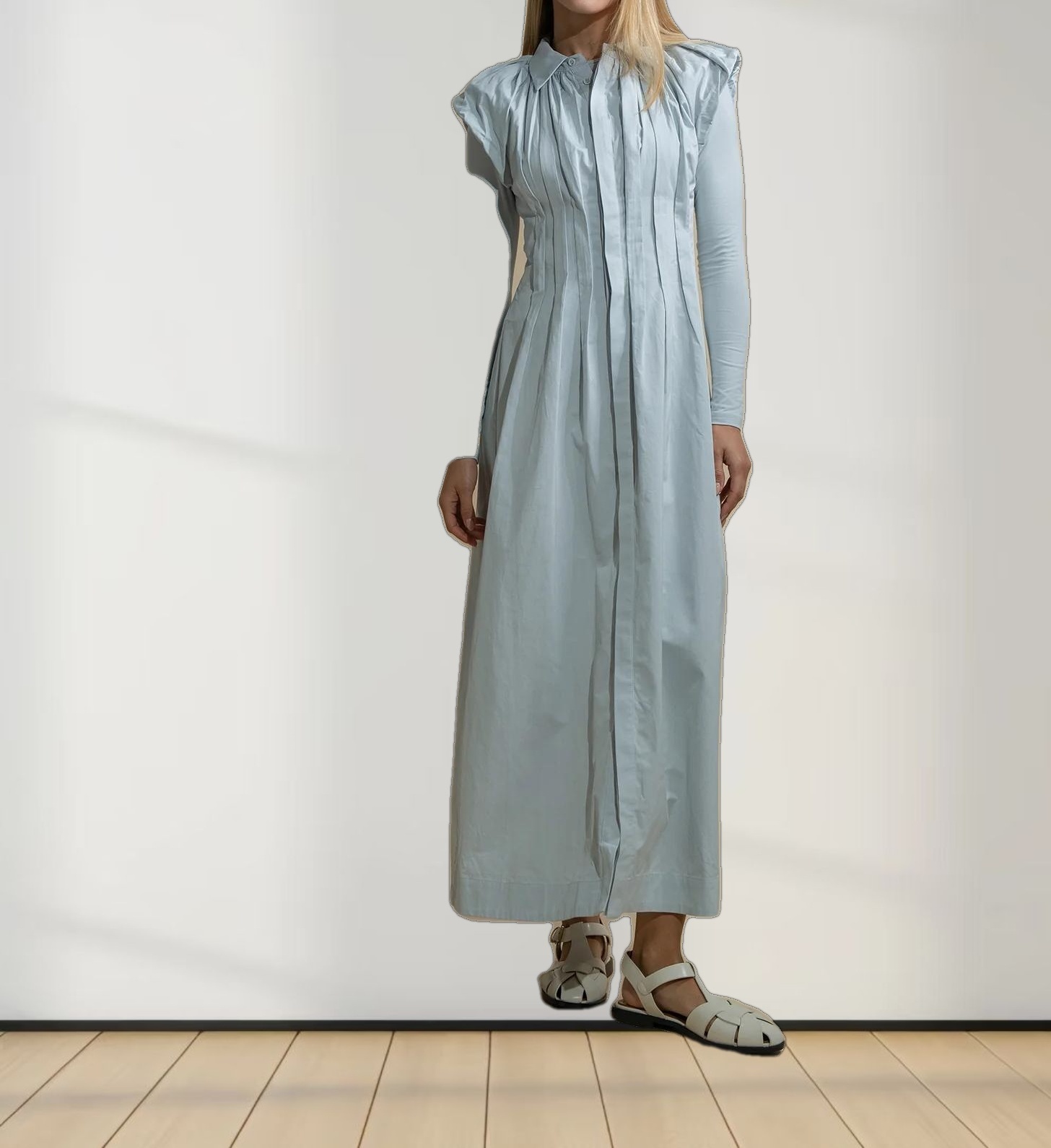 Pleat Front Button Down Dress-Light Blue