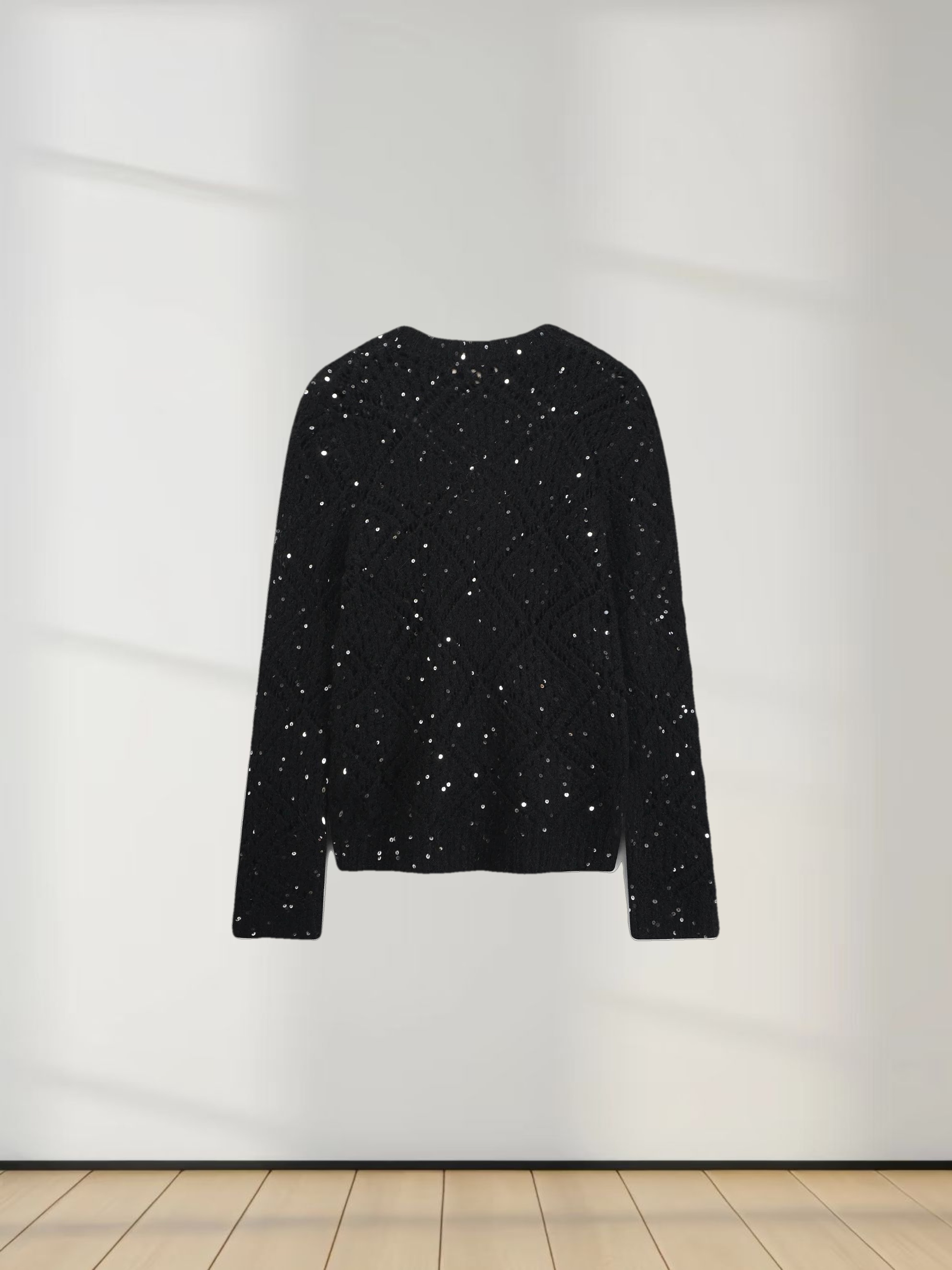 Open Crochet Knit Sequin Sweater-Black