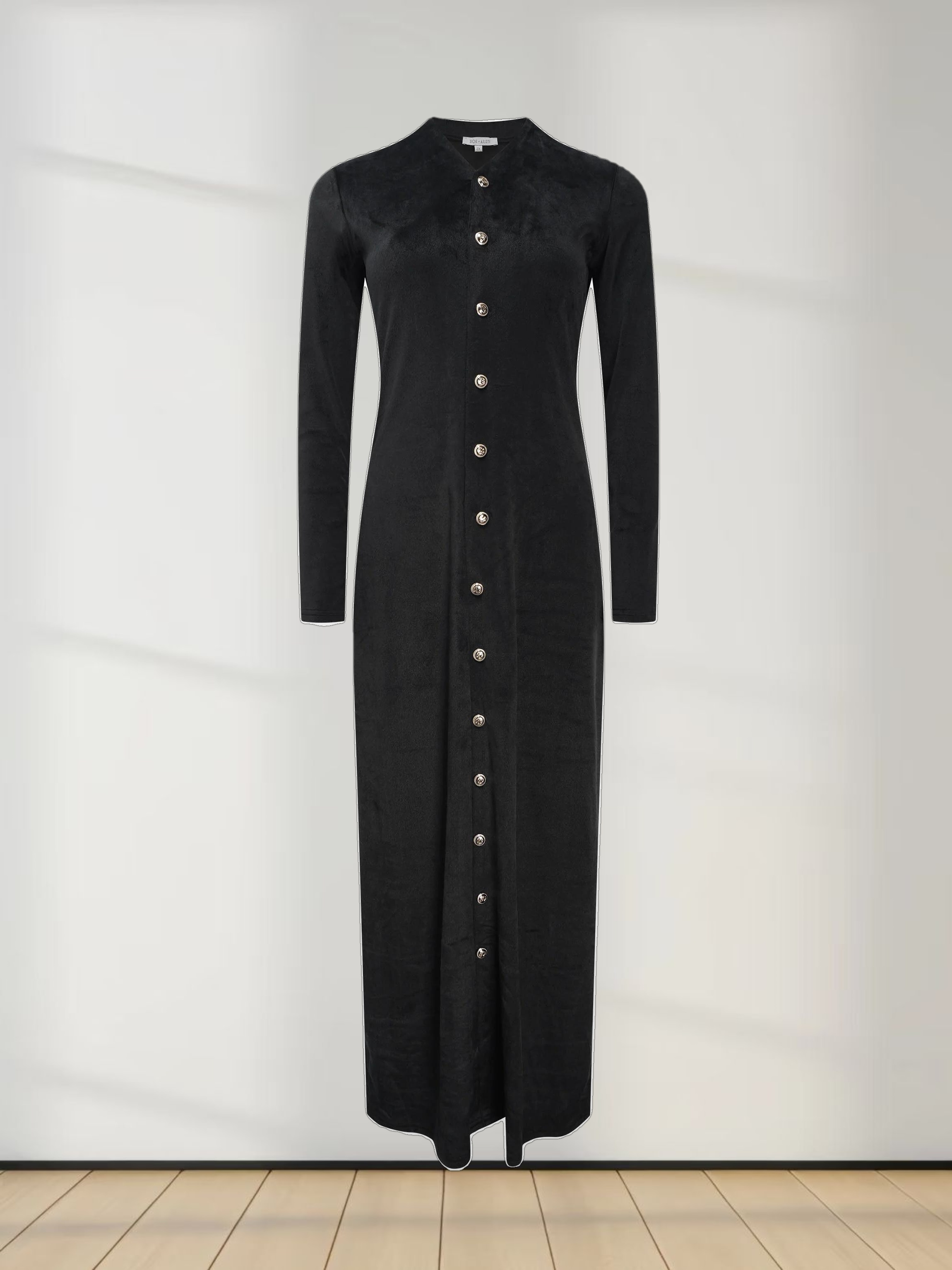 Velour Button Down Maxi Dress-Black