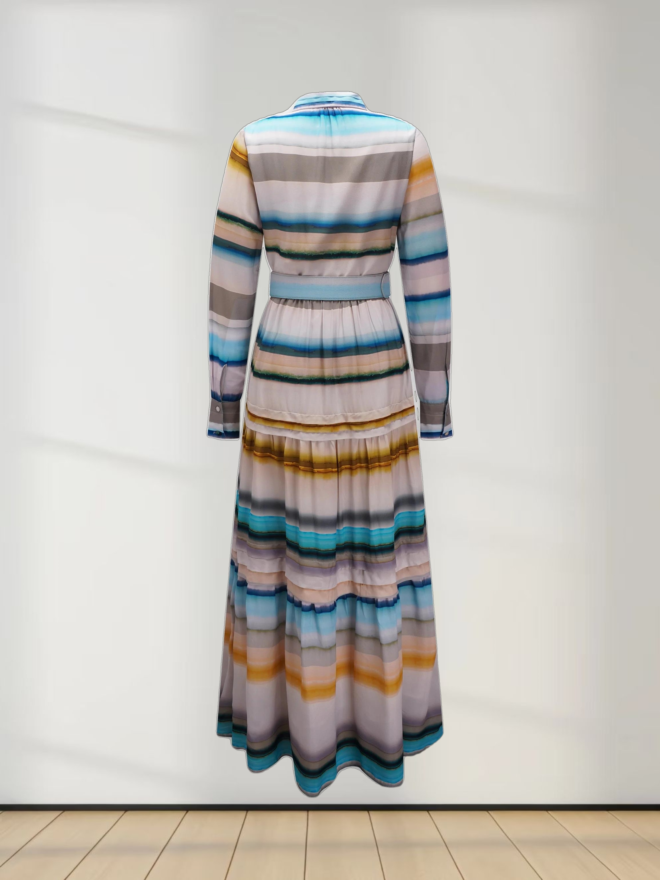 Pleated Tiered Maxi Dress-Striped Ombre