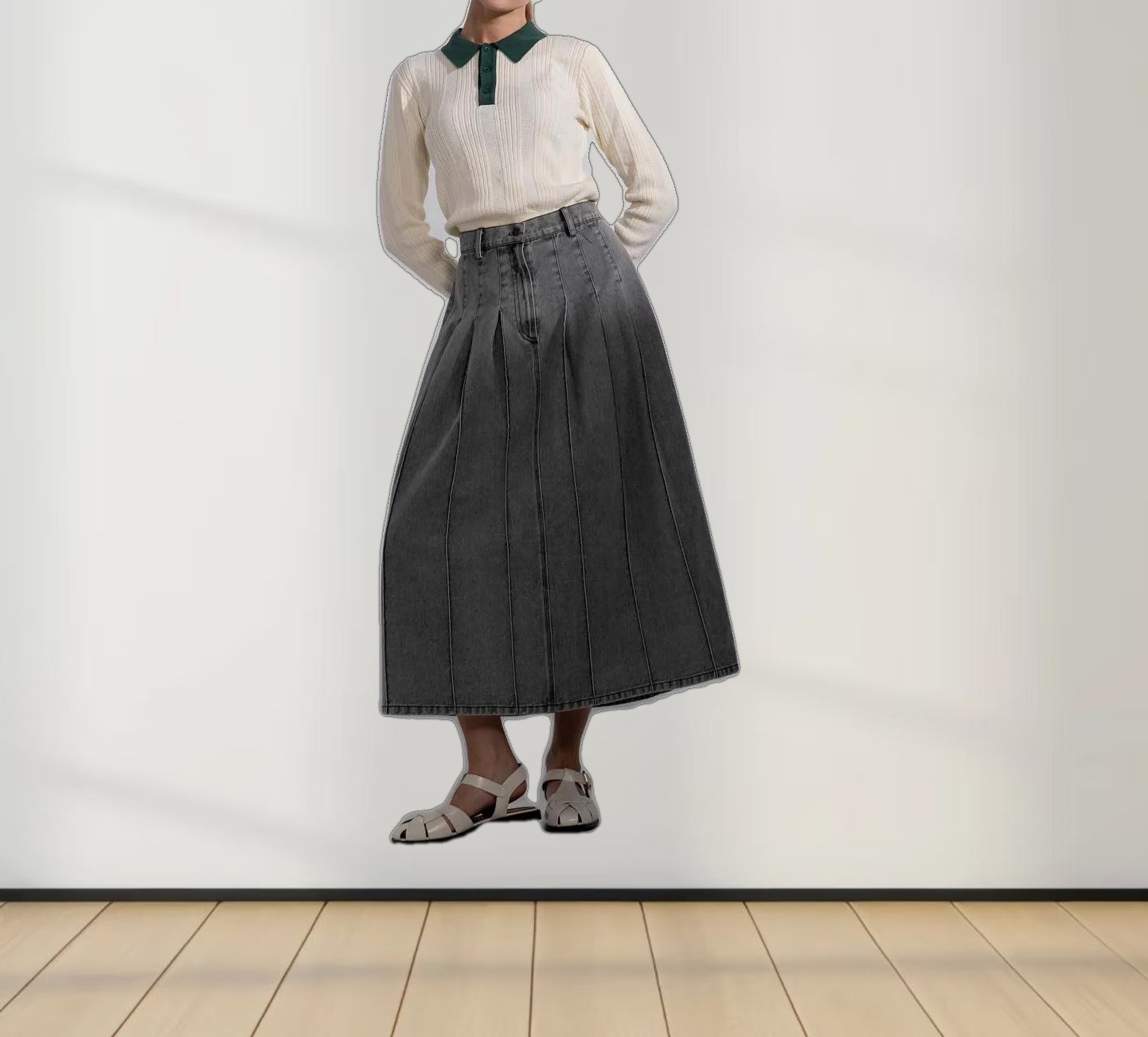 Stitched Pleated Skirt-Grey