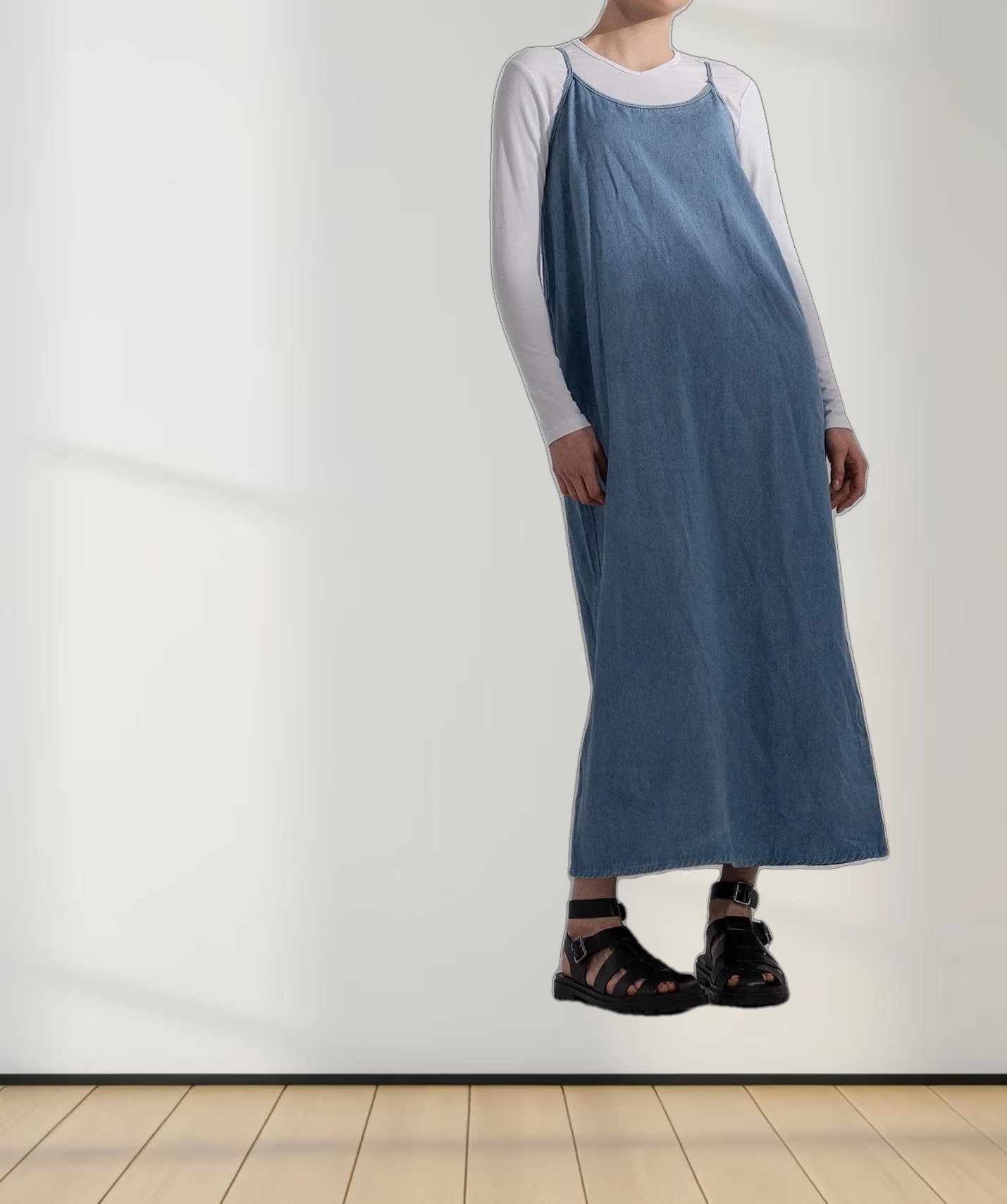 Solid Crew Neck Slip Dress-Light Blue Denim