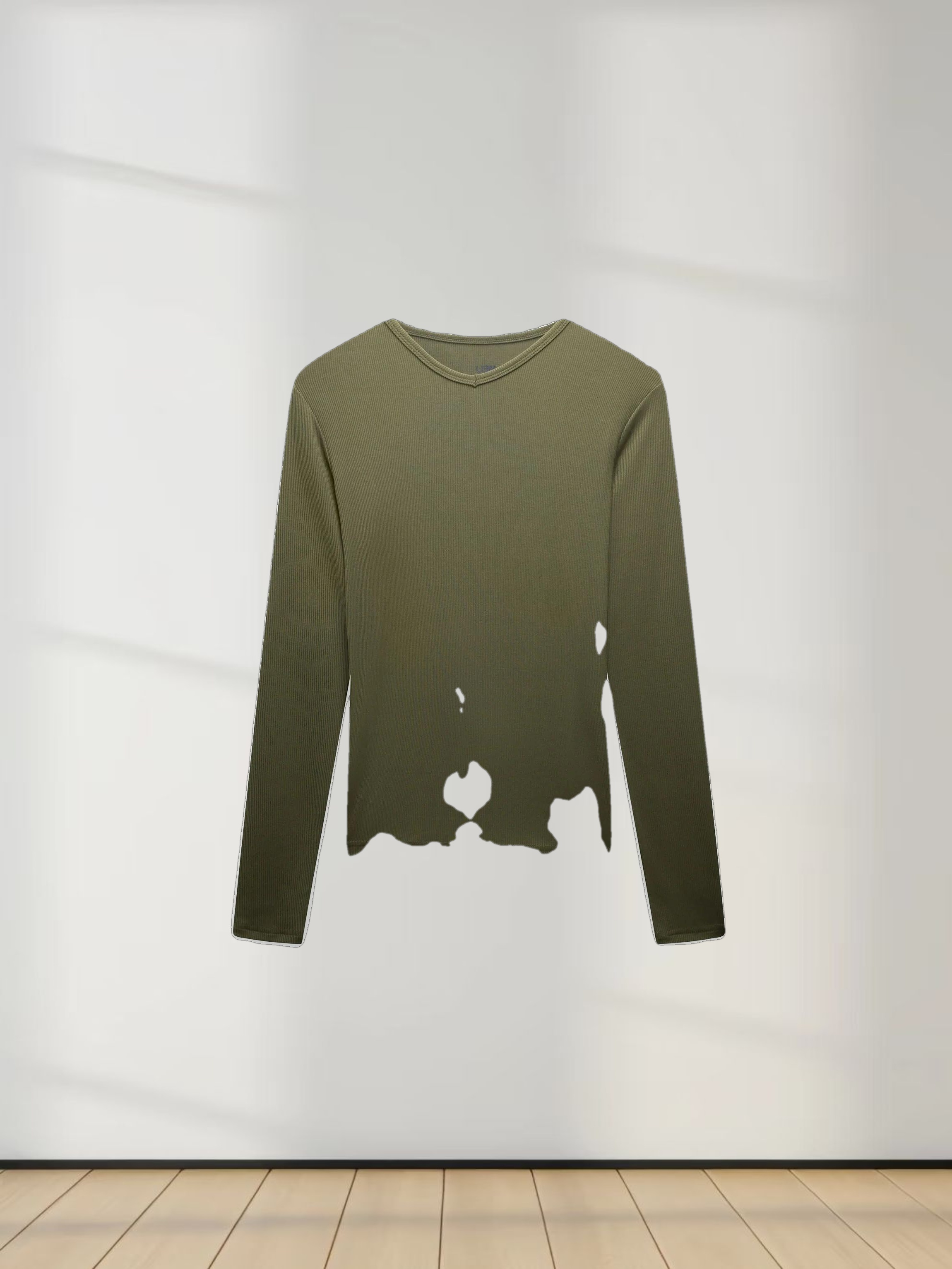 RIBBED HIGH V TEE LS-CAMOUFLAGE GREEN